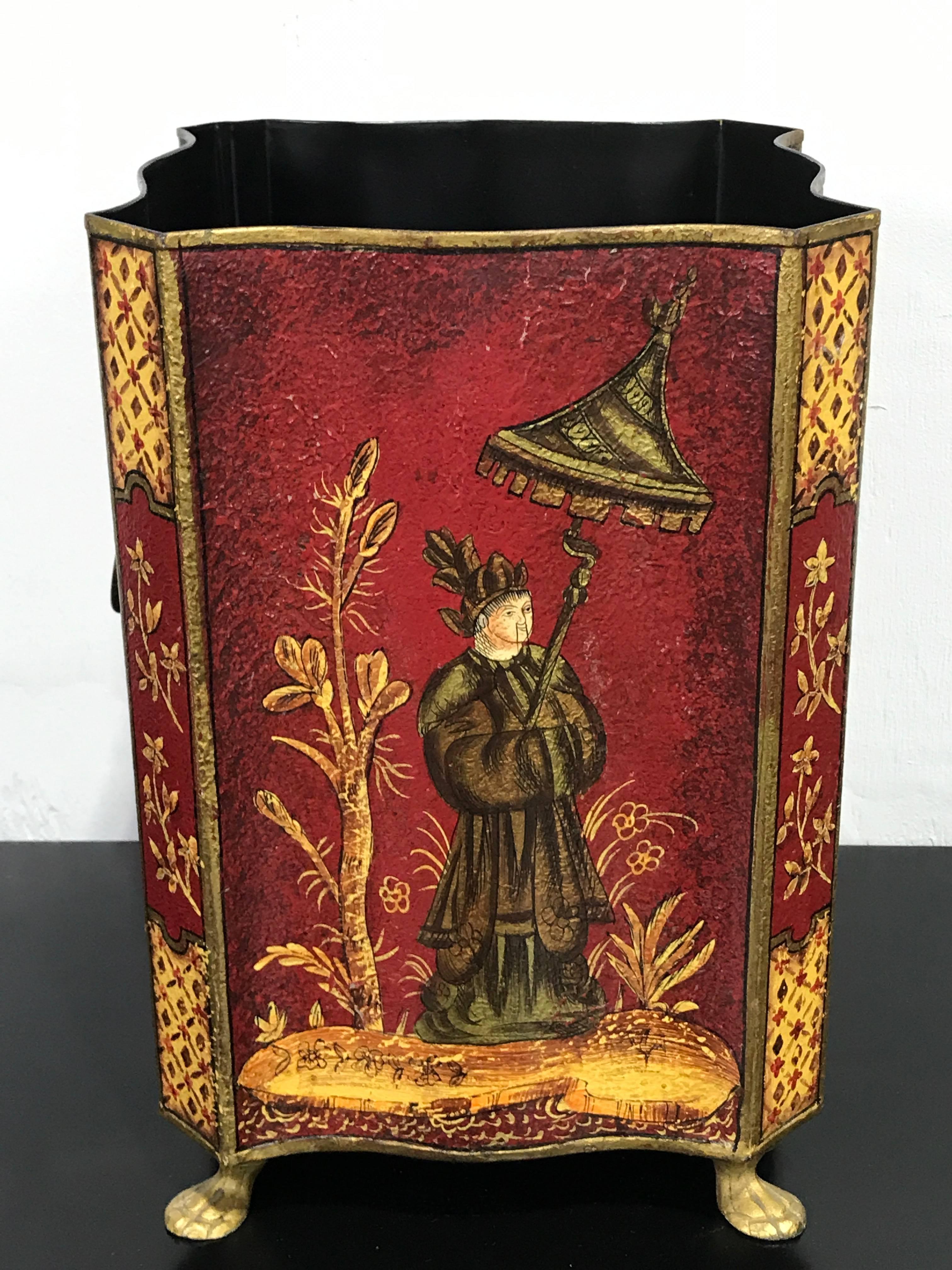 Gilt Red Tole Chinoiserie Wastepaper Bin or Trash Can