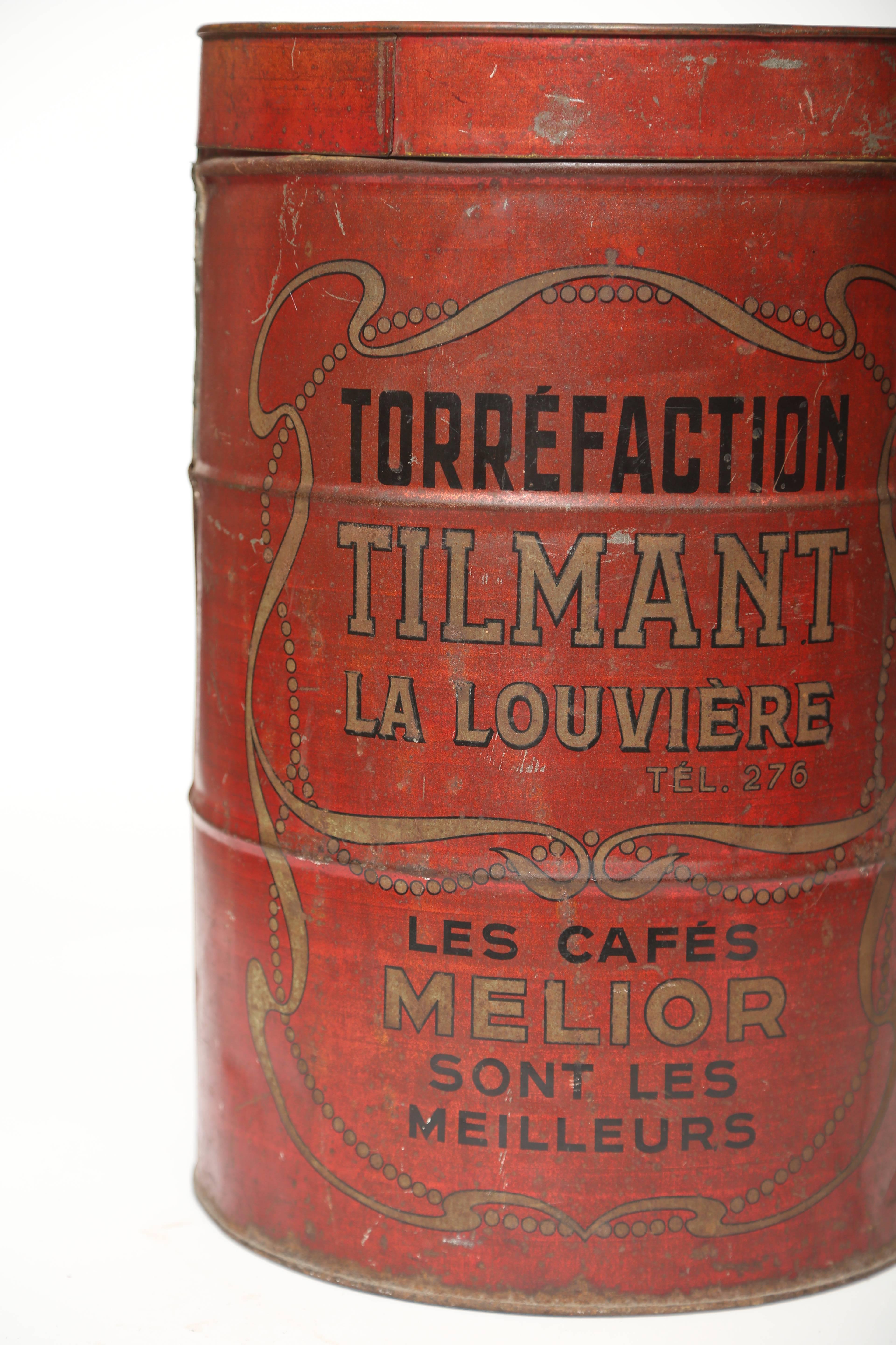 Painted Grouping of Belgian Red Tôle Coffee Tins-Art Nouveau Advertising-c. 1890 For Sale
