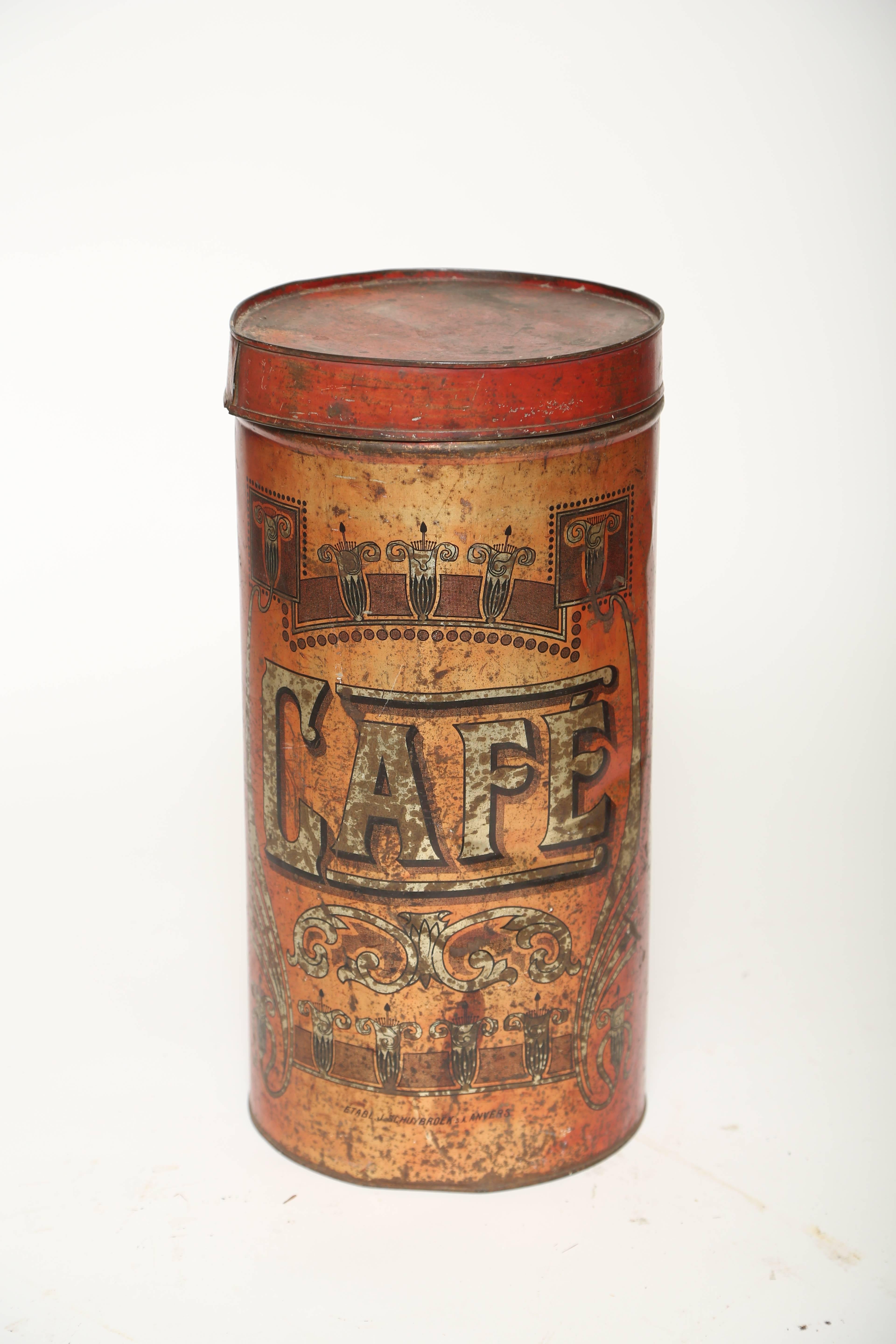 19th Century Grouping of Belgian Red Tôle Coffee Tins-Art Nouveau Advertising-c. 1890 For Sale