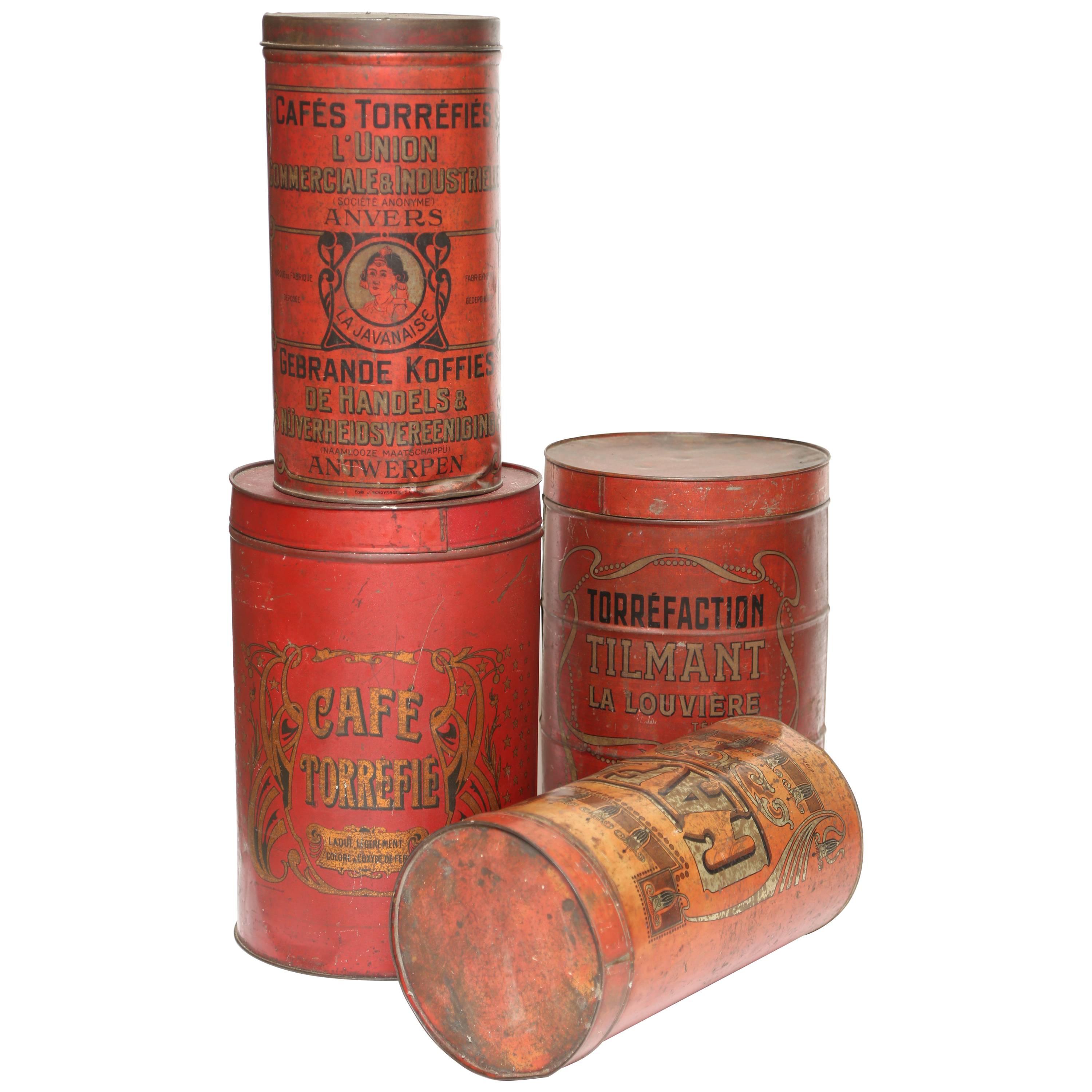 Grouping of Belgian Red Tôle Coffee Tins-Art Nouveau Advertising-c. 1890