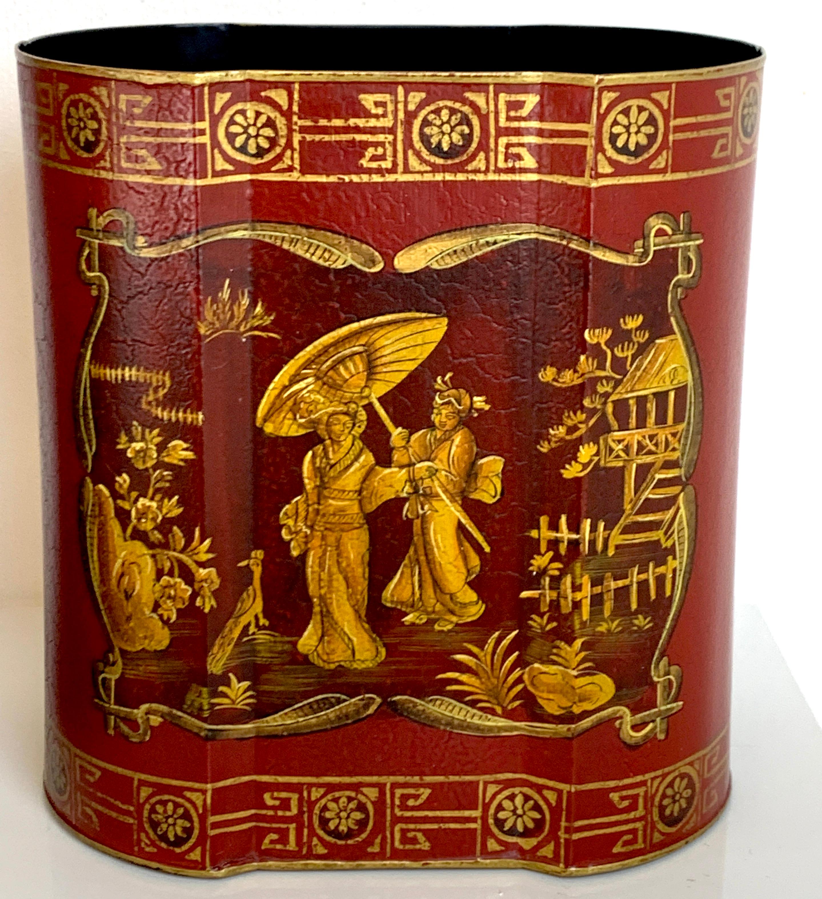 Red tole gilt chinoiserie wastepaper can, of oval form with fine decoration.