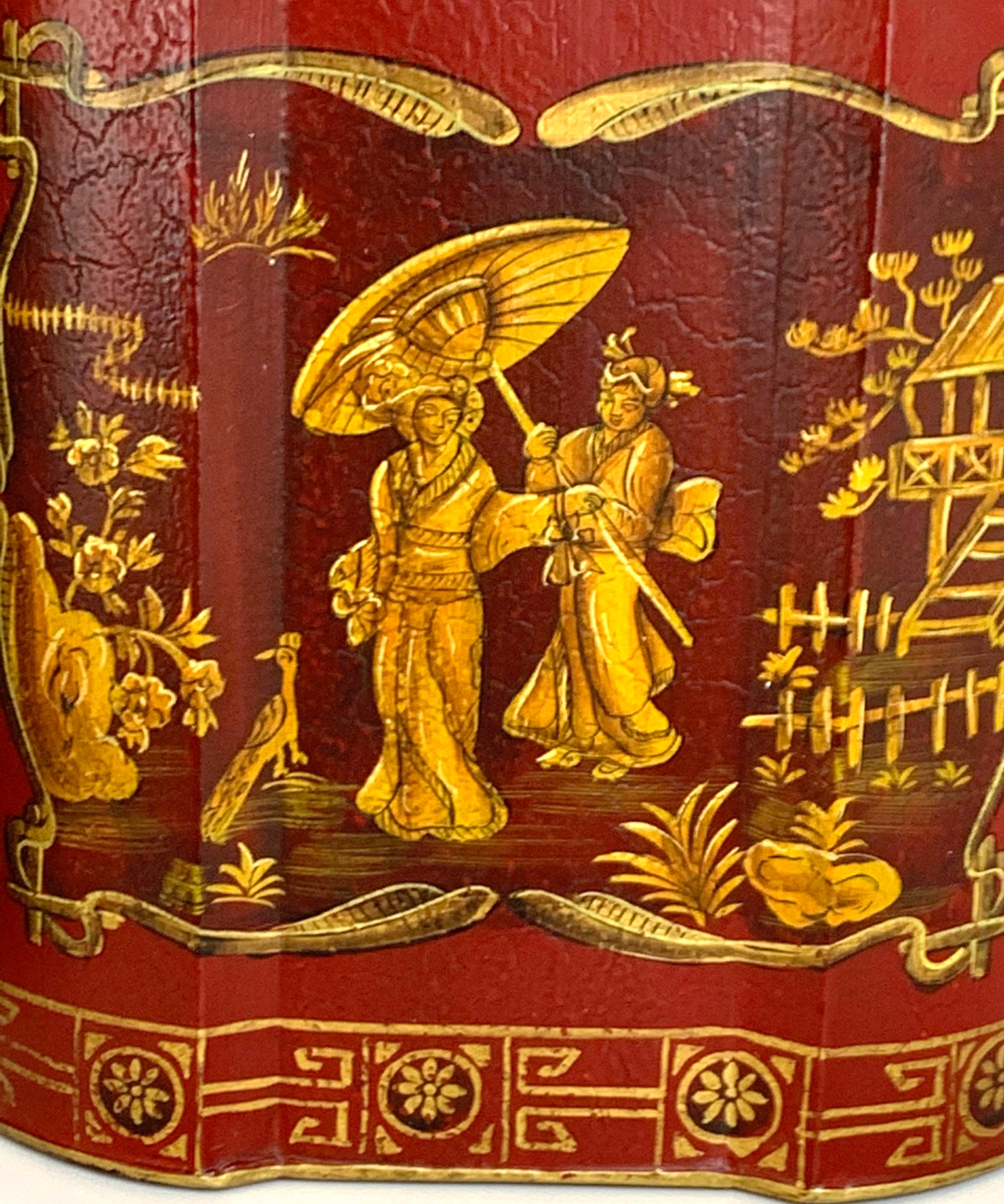 Red Tole Gilt Chinoiserie Wastepaper Can In Good Condition In West Palm Beach, FL