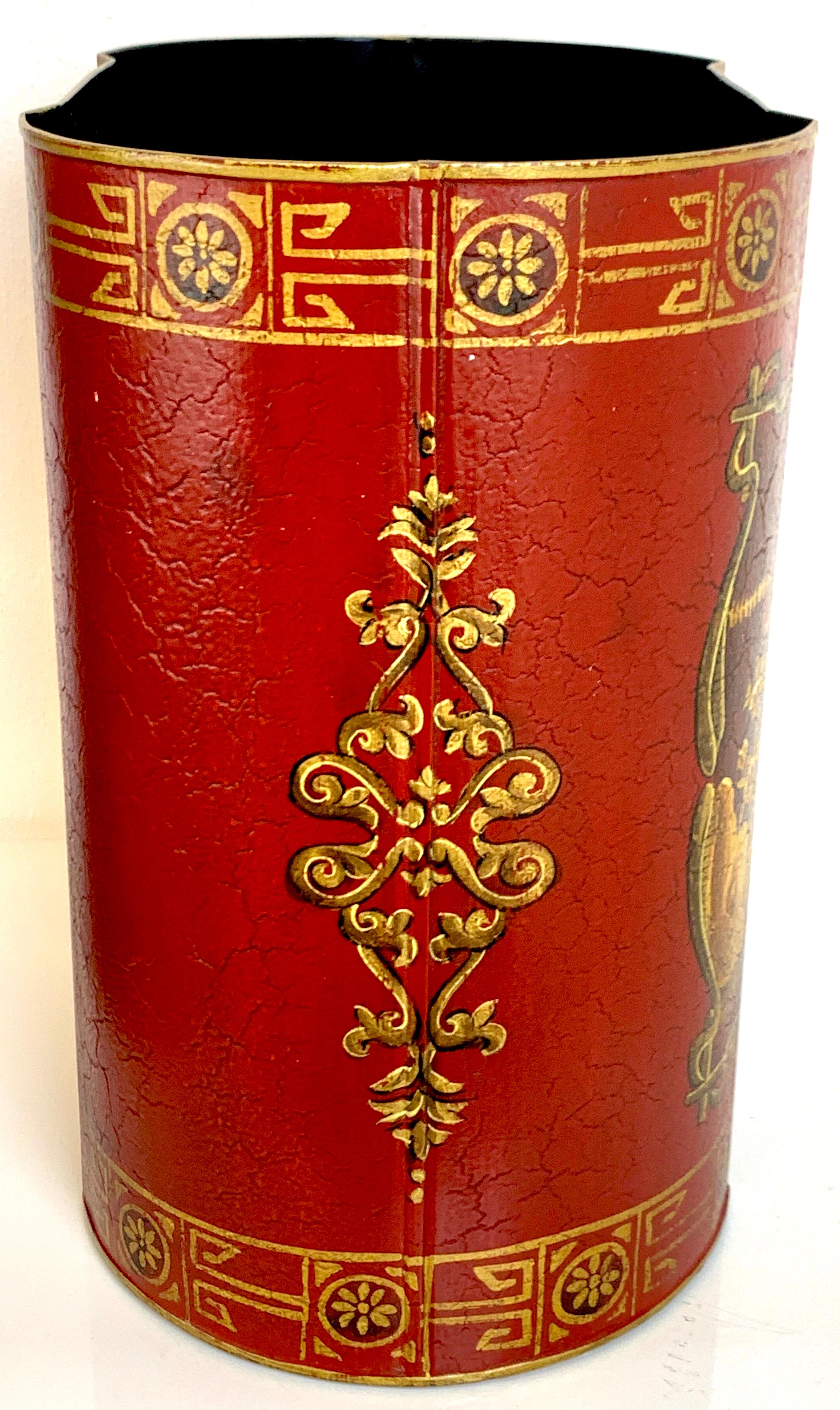 20th Century Red Tole Gilt Chinoiserie Wastepaper Can