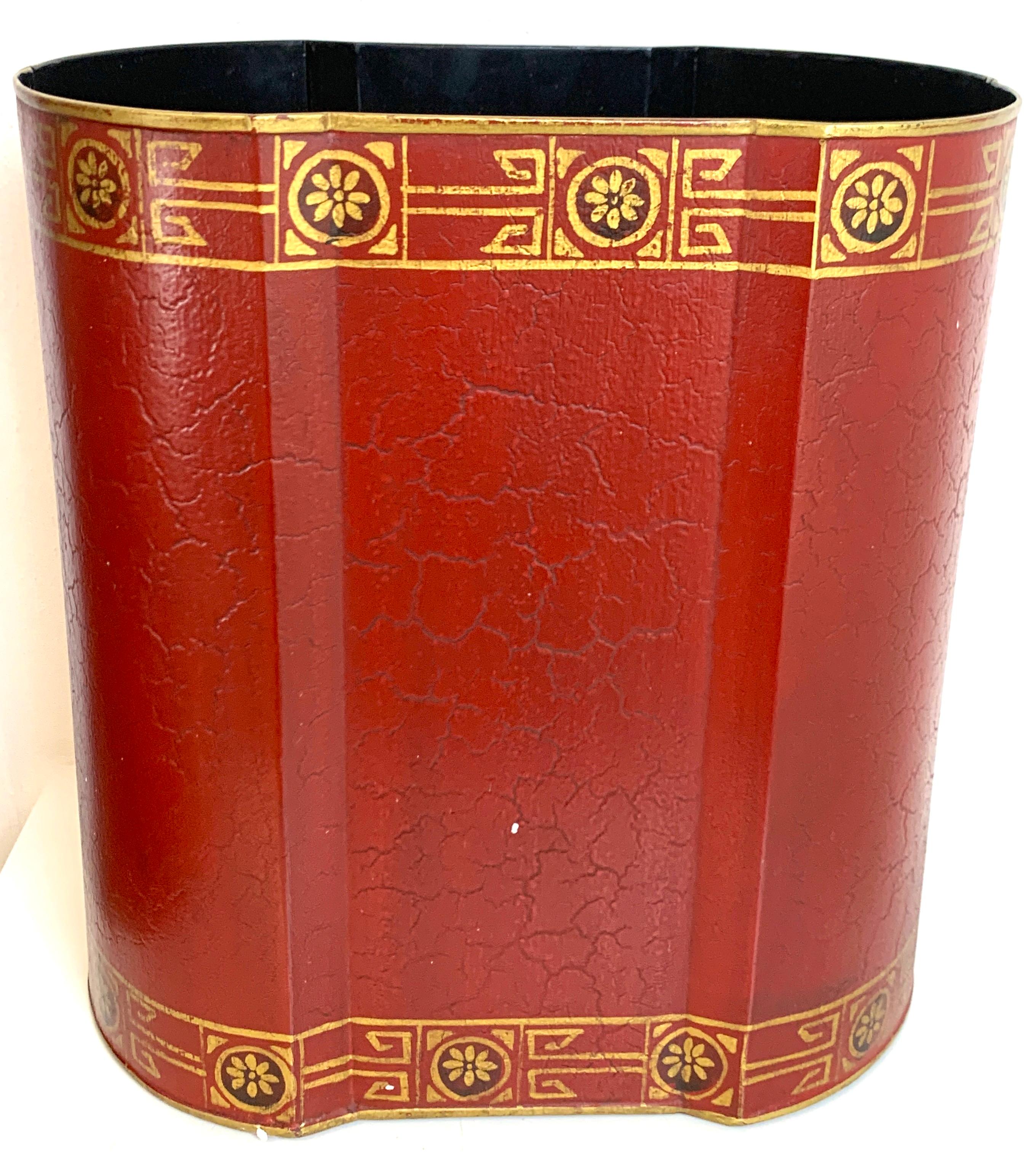 Metal Red Tole Gilt Chinoiserie Wastepaper Can