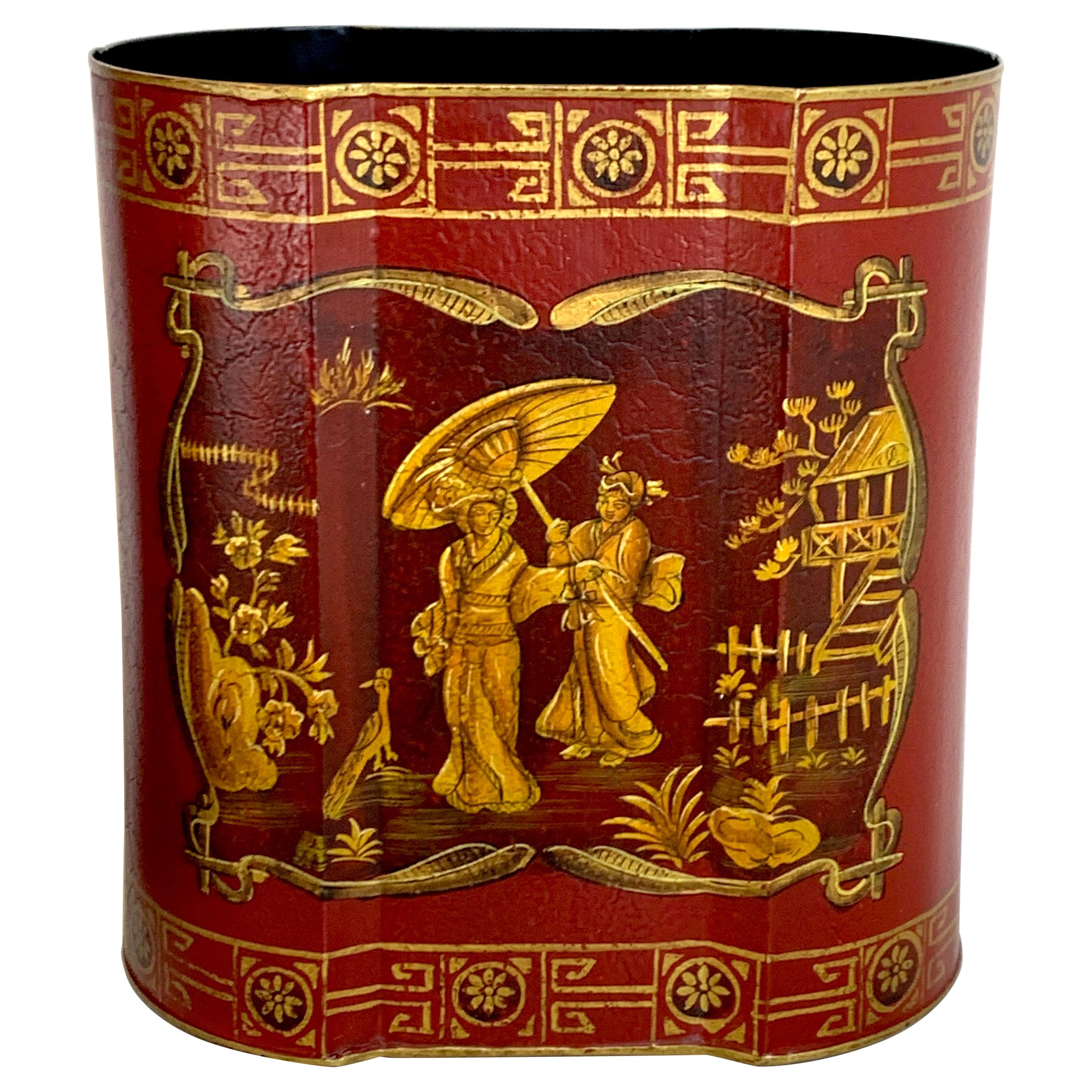 Red Tole Gilt Chinoiserie Wastepaper Can