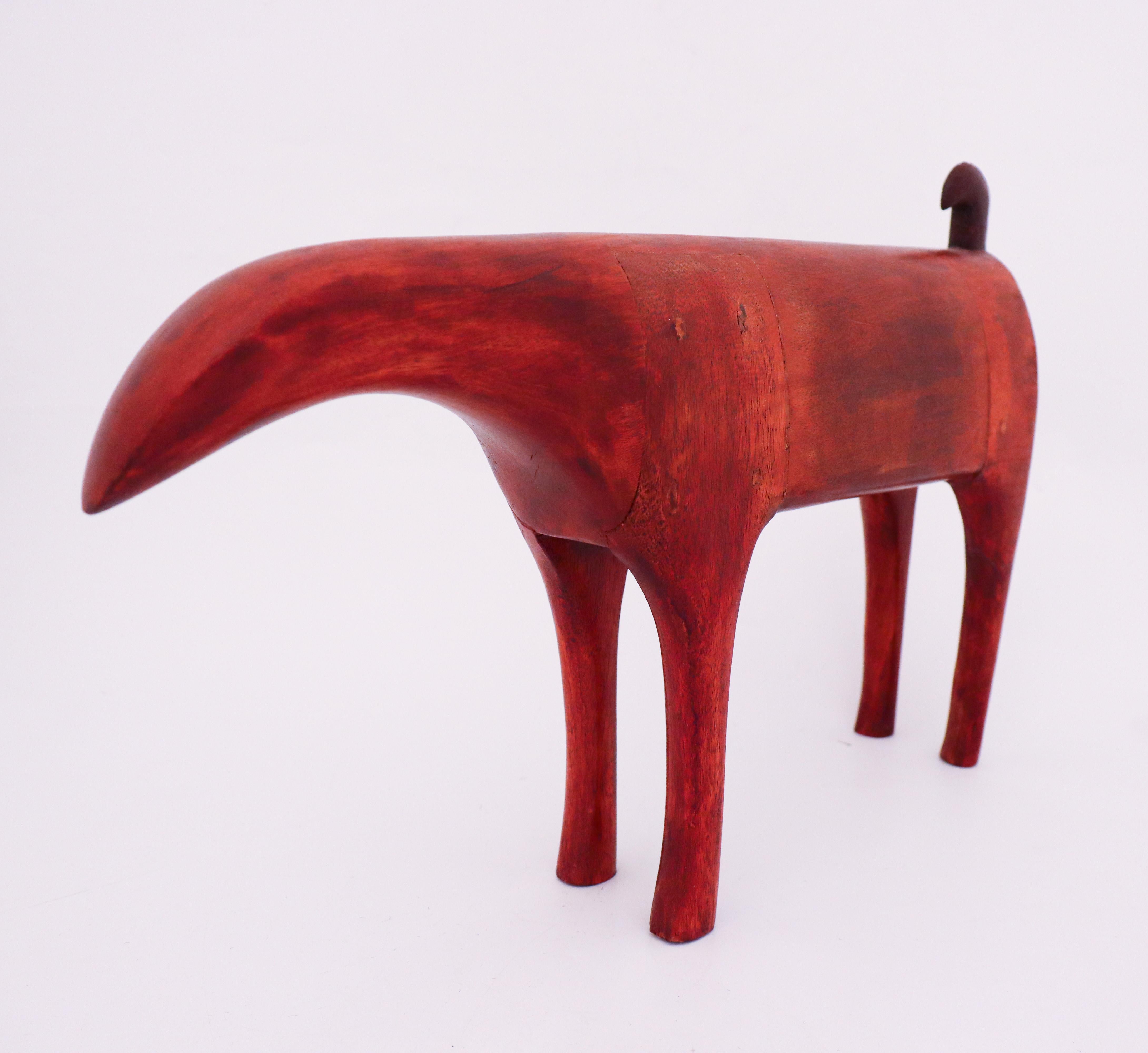 Scandinavian Modern Red-Toned Wooden Vintage Abstract Animal Sculpture, Swedish Mid Century Handmade For Sale