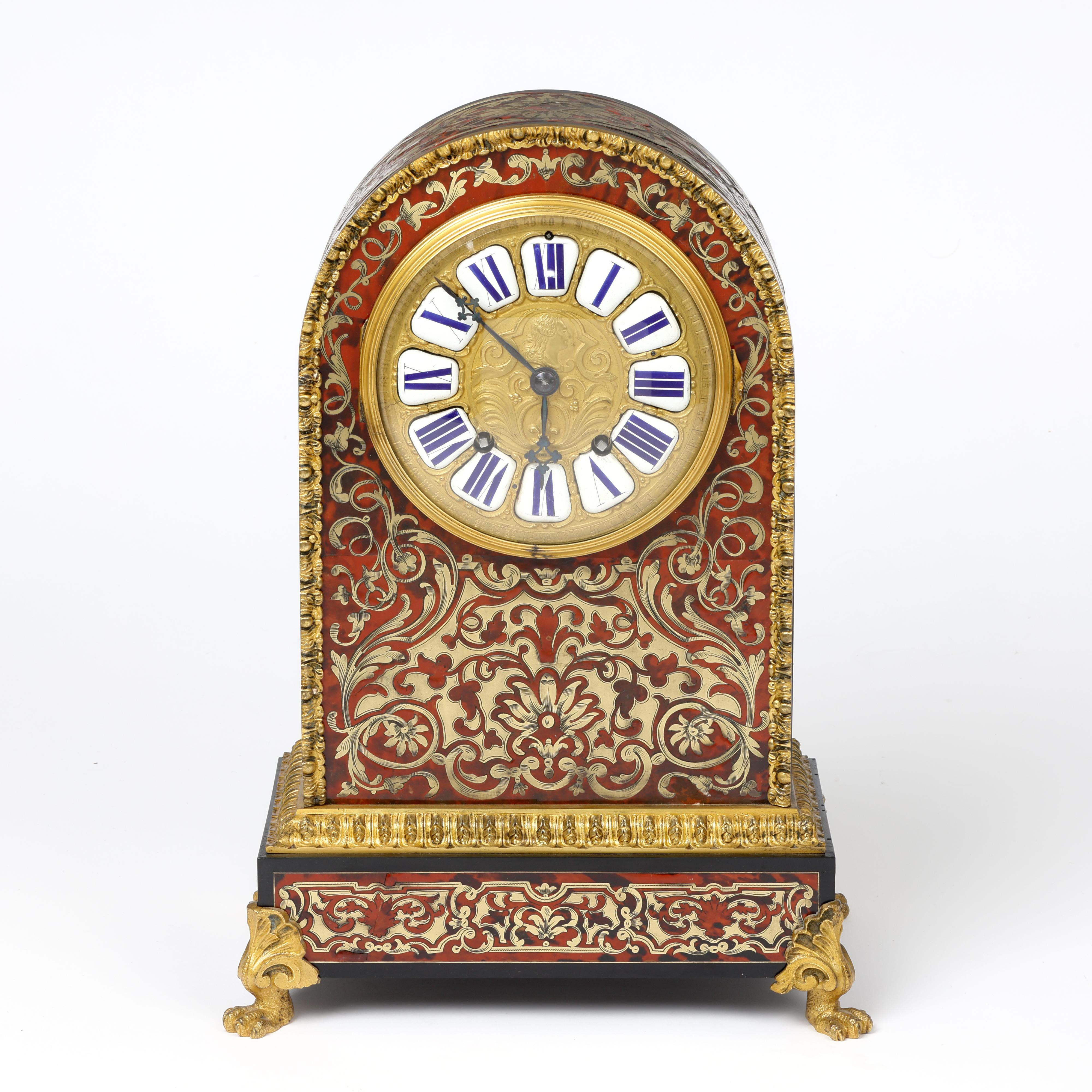 An exceptionally fine quality French 19th century tortoiseshell and Boulle bracket clock with gilt face set into the most fabulously inlaid fret-cut boule case, decorated all round including the rear door.
Eight day striking movement with gilded,