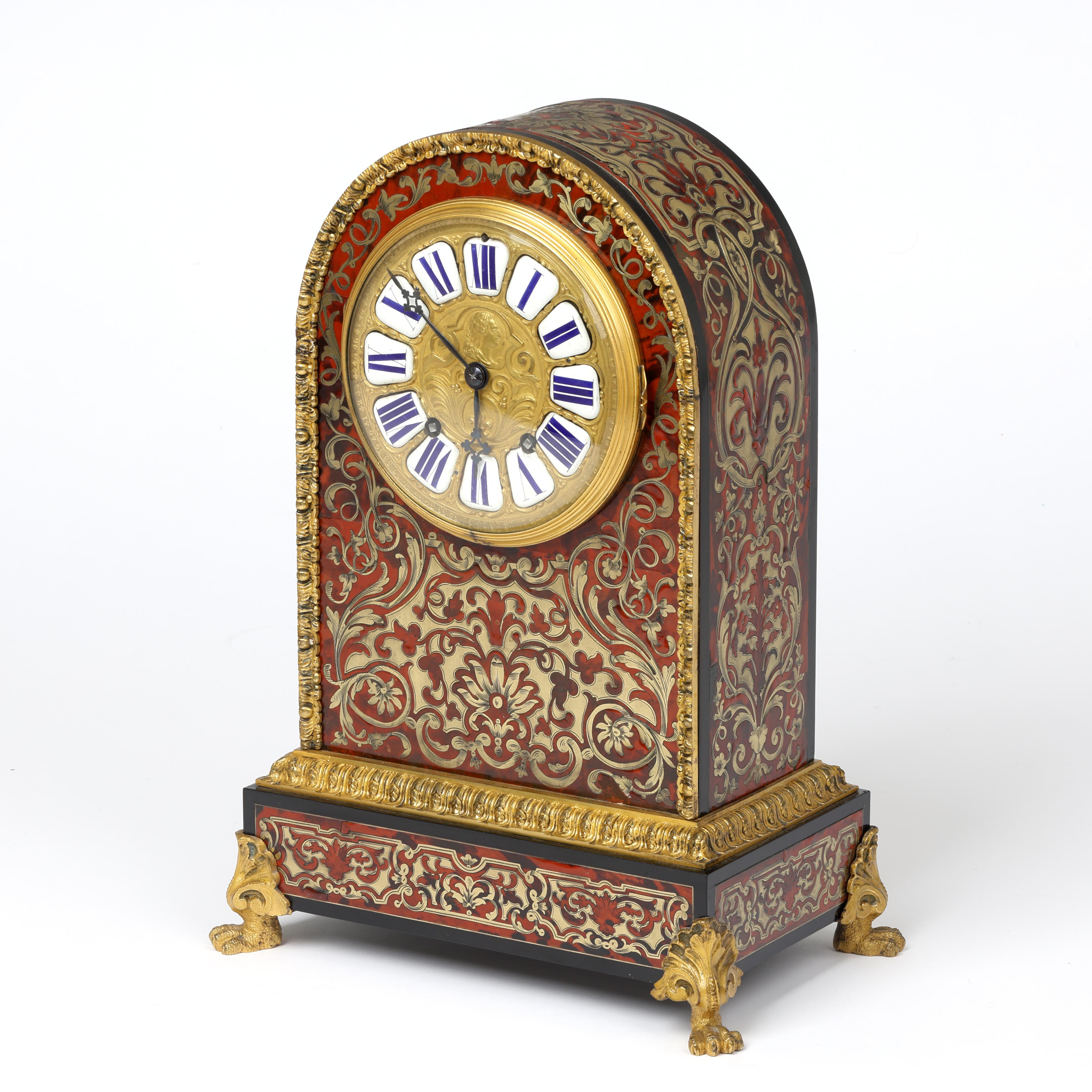 French Red Tortoiseshell and Boulle Table or Mantle Clock For Sale