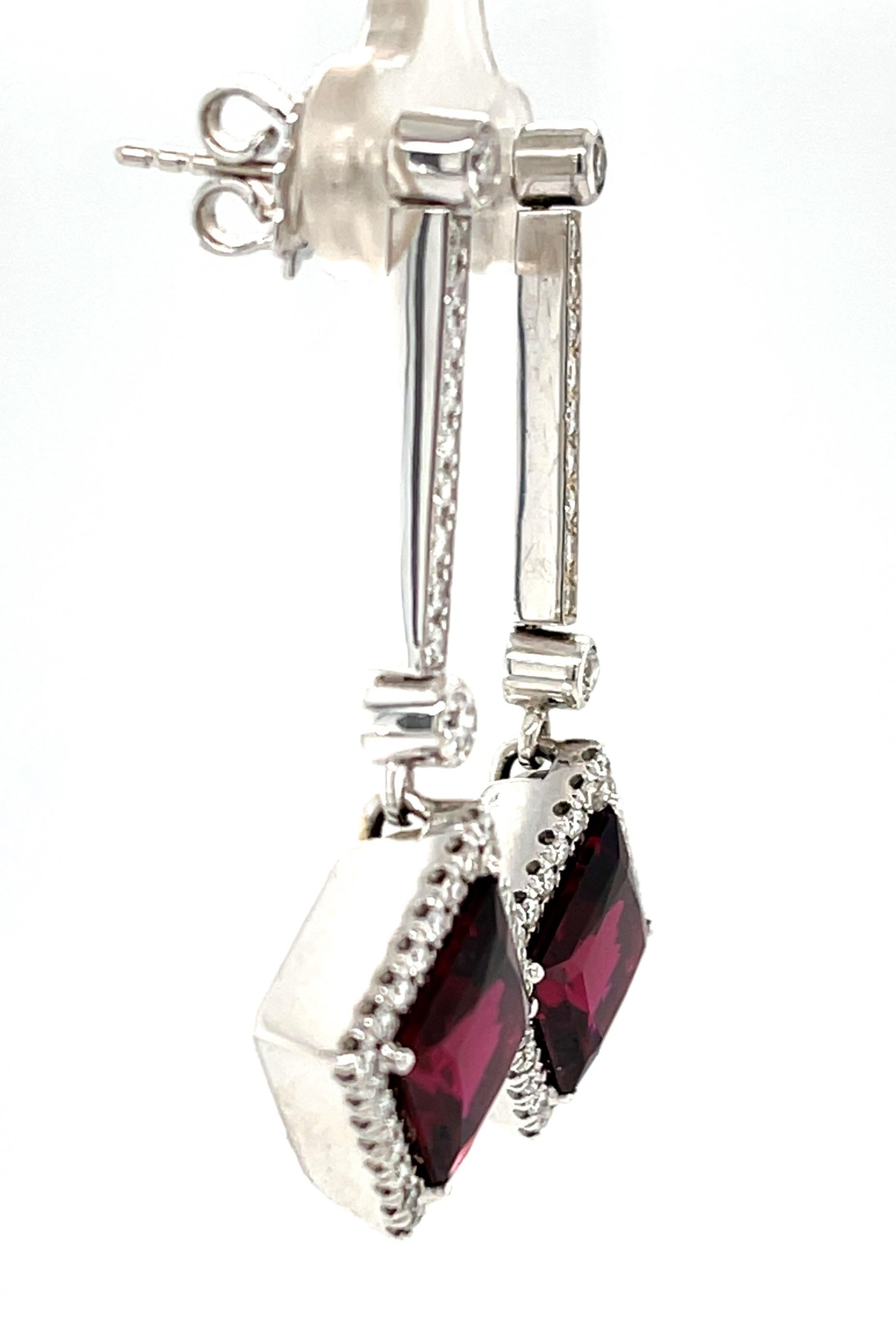 Artisan  Red Tourmaline and Diamond Dangle Earrings in White Gold, 6.50 Carats Total For Sale