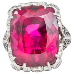 Red Tourmaline, Black Diamond, and White Diamond 18 Karat White Gold Ring