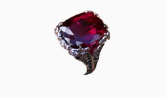 Red Tourmaline, Black Diamond, and White Diamond 18 Karat White Gold Ring