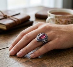 18.4ct Red Tourmaline & Iolite Double Halo Statement Ring in 18K Gold & Silver