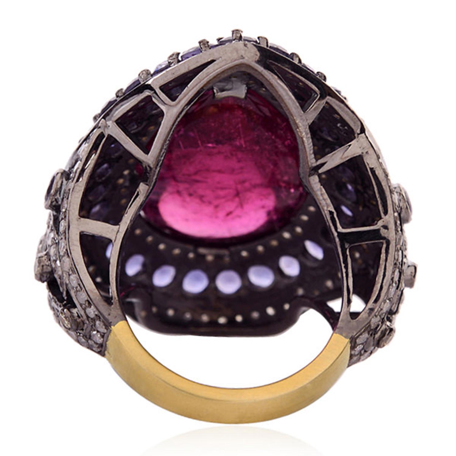 Artisan Red Tourmaline Diamond Iolite Ring in 18k Gold and Silver For Sale