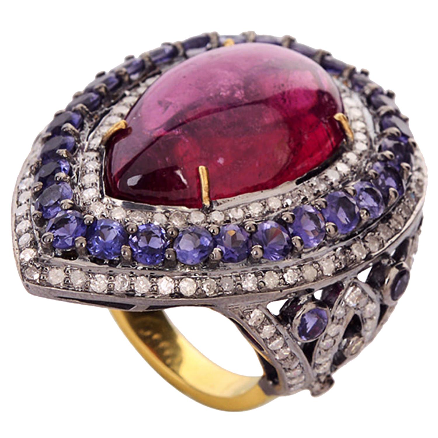 Red Tourmaline Diamond Iolite Ring in 18k Gold and Silver For Sale