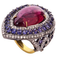 Red Tourmaline Diamond Iolite Ring in Gold and Silver
