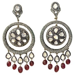 Tourmaline rouge Diamants Or jaune A Silver Pendants d'oreilles Chandelier Diamant