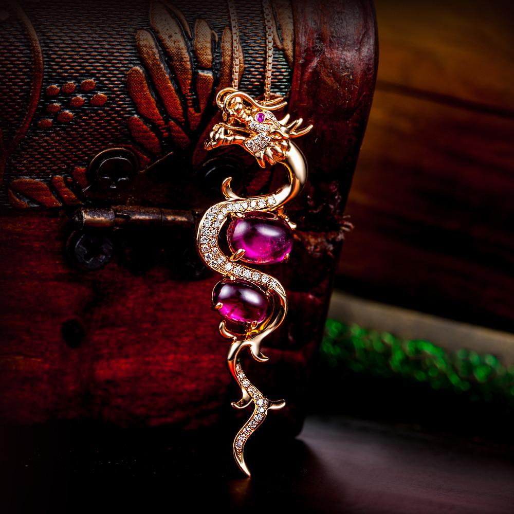 Contemporary Red Tourmaline Dragon Necklace 18 Karat Rose Gold For Sale