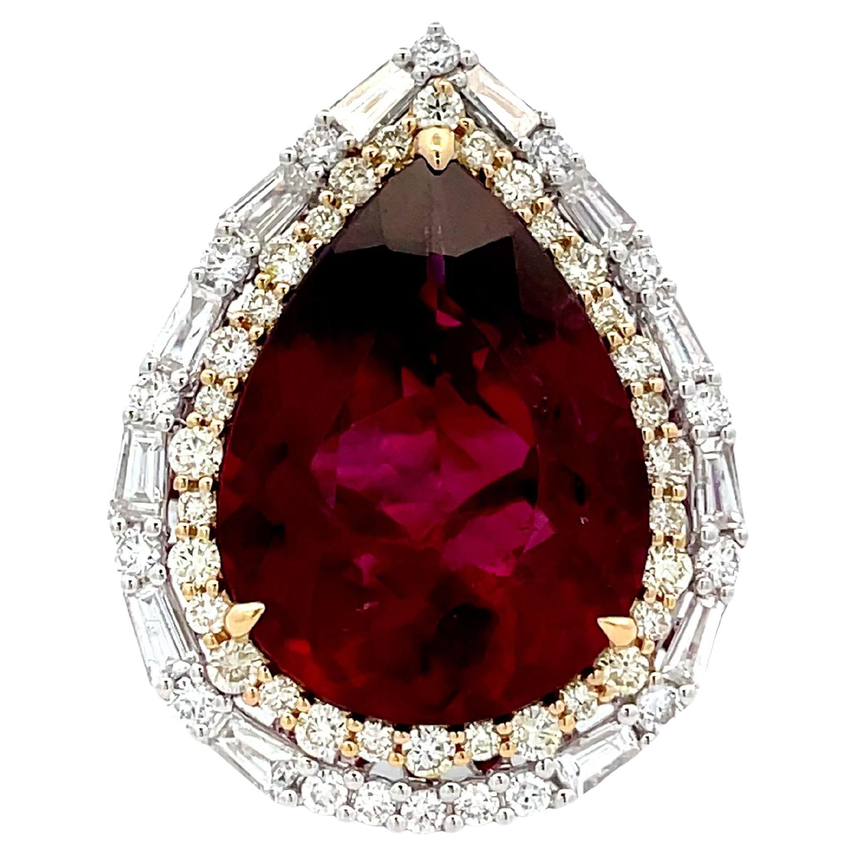 Red Tourmaline Pear 10.65 CT. White Diamond (MIX SHAPE) 0.71 CT 18KY/W RING  For Sale