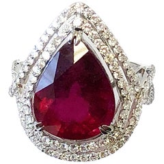 Red Tourmaline Pear and White Diamond Cocktail Ring in Platinum
