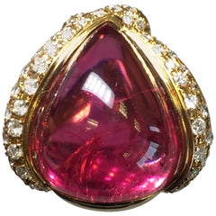 Red Tourmaline Pear Cabochon and Diamond Cocktail Ring in 18 Karat Yellow Gold