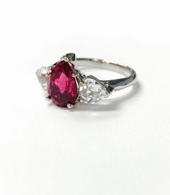 Red Tourmaline Pear Shape and White Sapphire Engagement Ring in Platinum