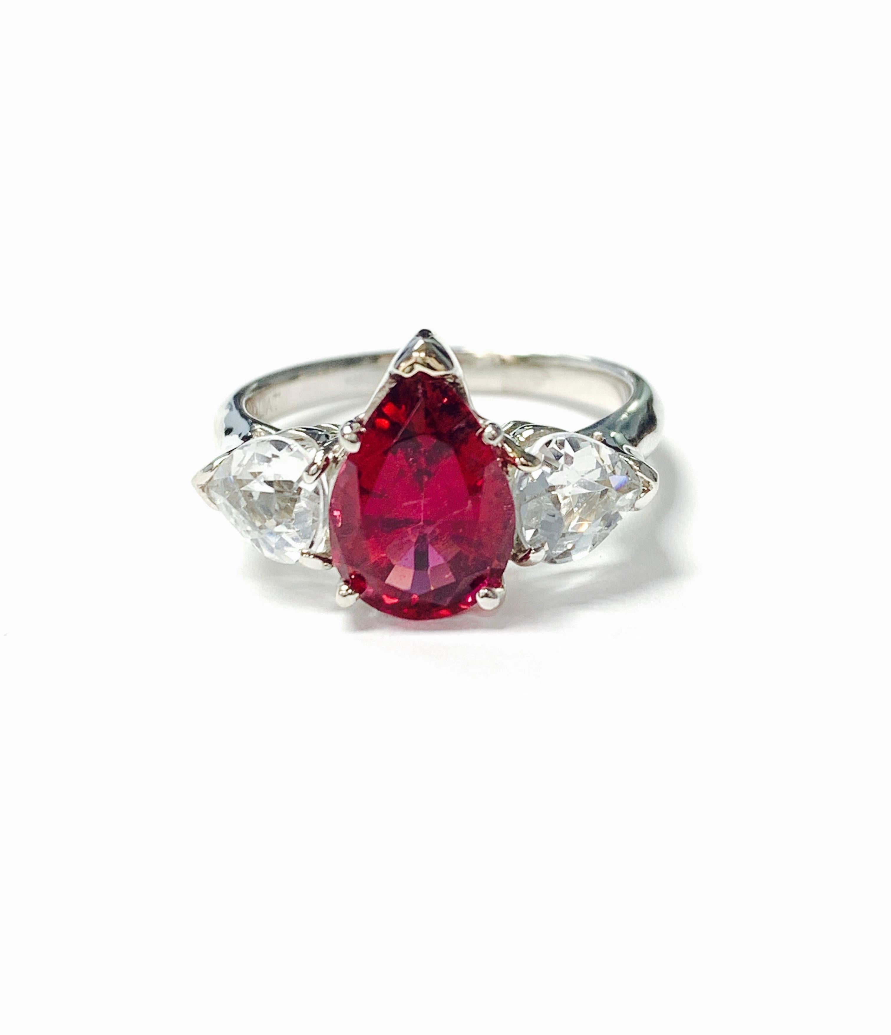 Contemporary Red Tourmaline Pear Shape and White Sapphire Engagement Ring in Platinum For Sale