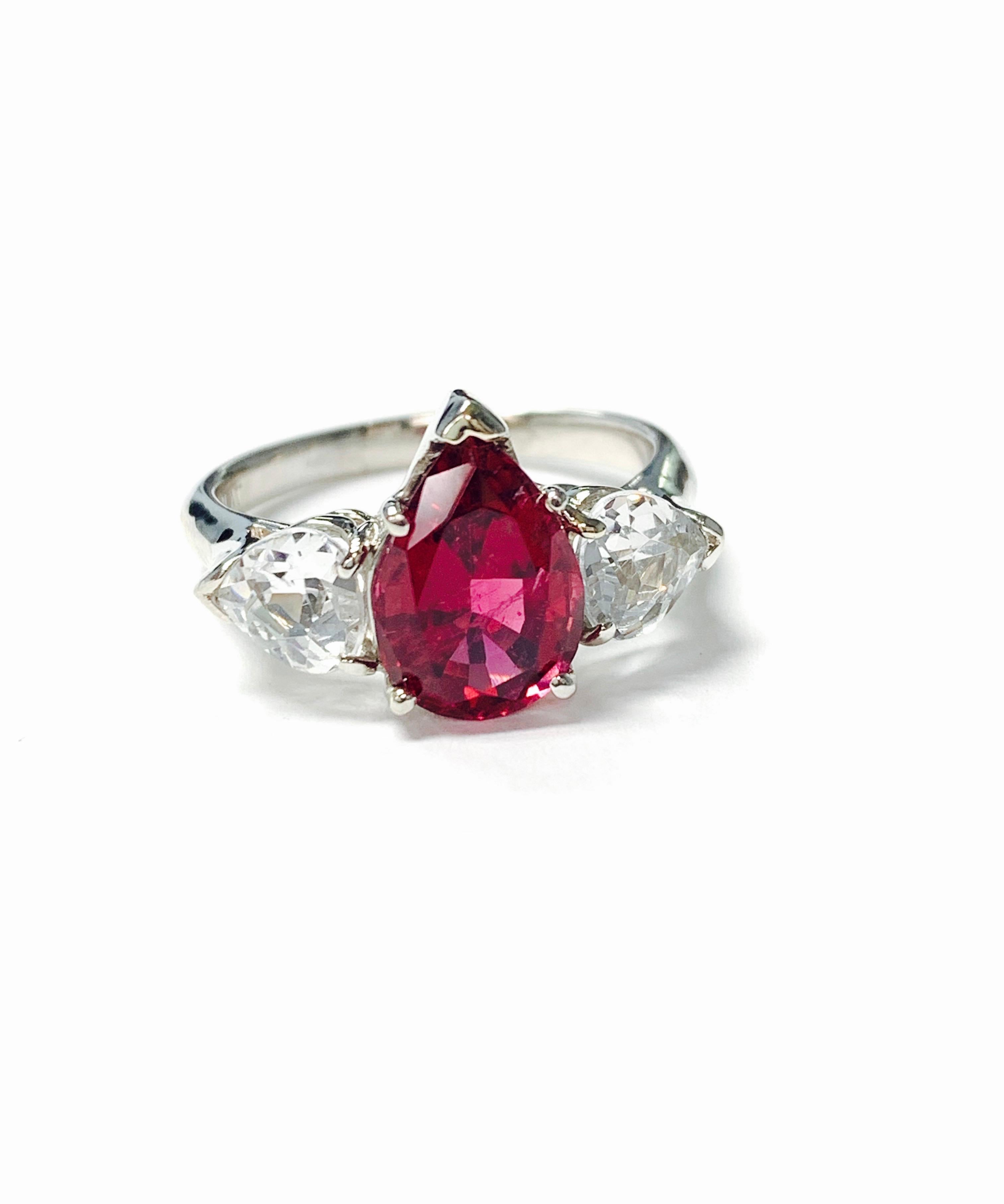 Pear Cut Red Tourmaline Pear Shape and White Sapphire Engagement Ring in Platinum For Sale