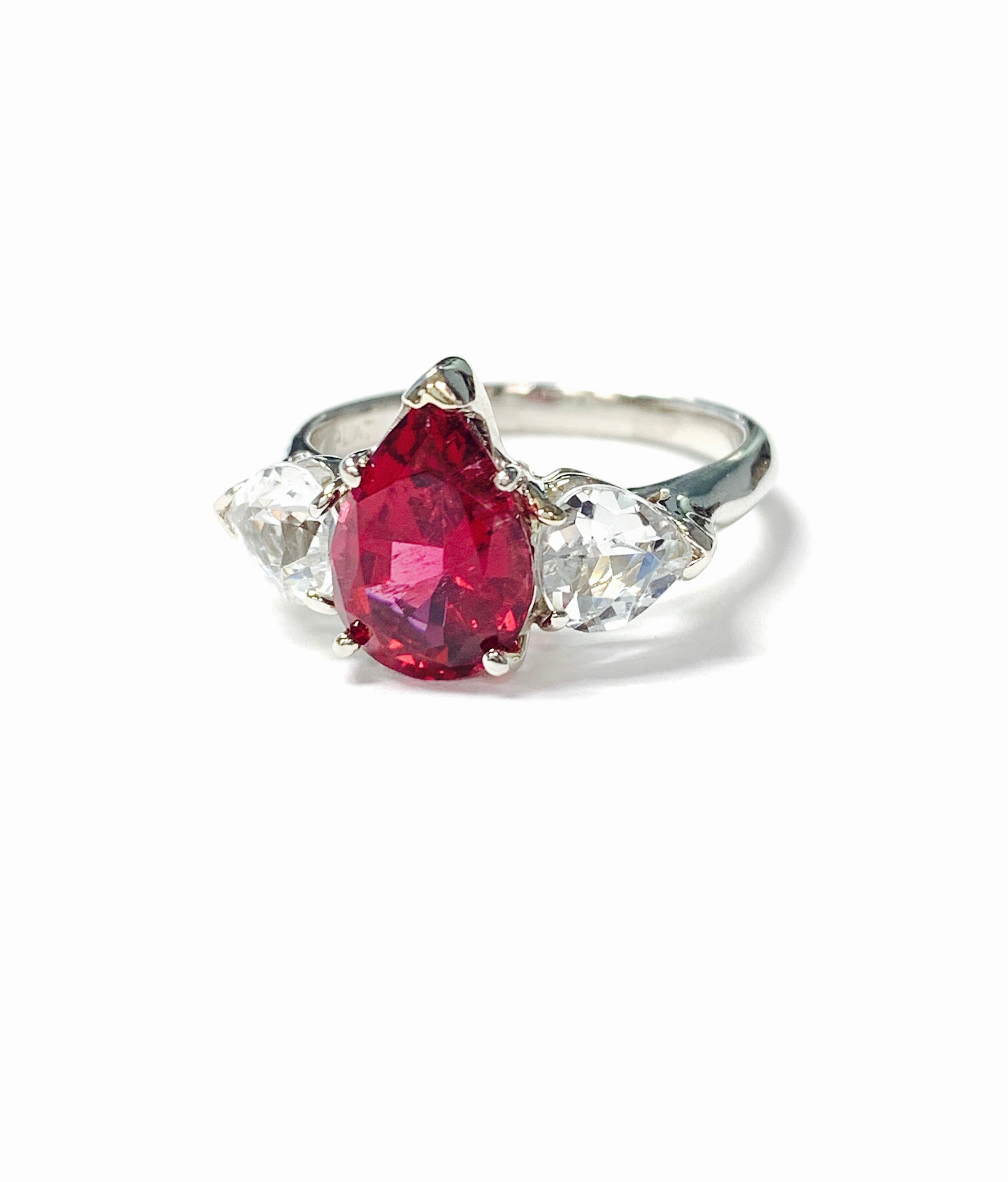 Red Tourmaline Pear Shape and White Sapphire Engagement Ring in Platinum In New Condition For Sale In New York, NY