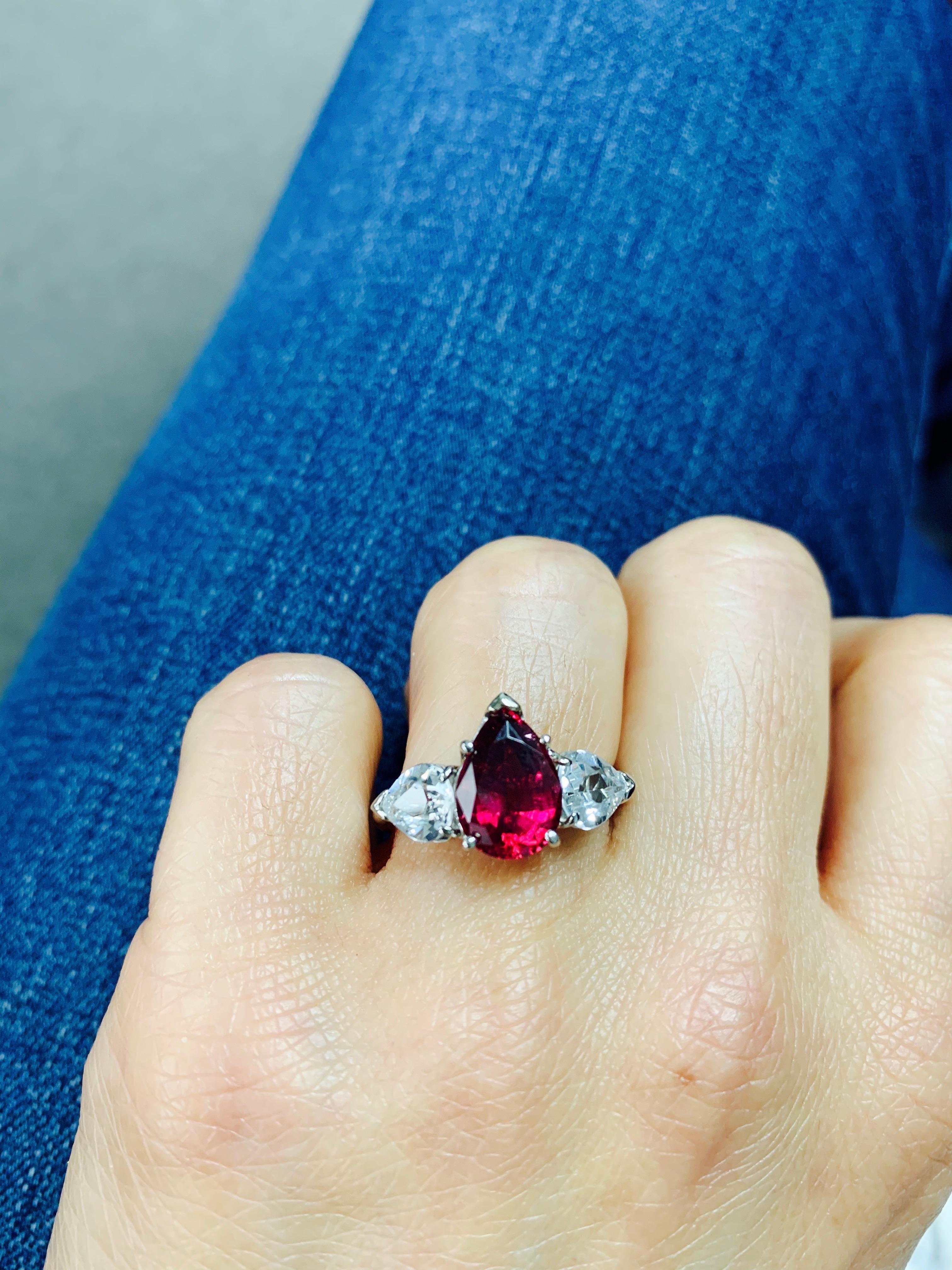 Women's Red Tourmaline Pear Shape and White Sapphire Engagement Ring in Platinum For Sale