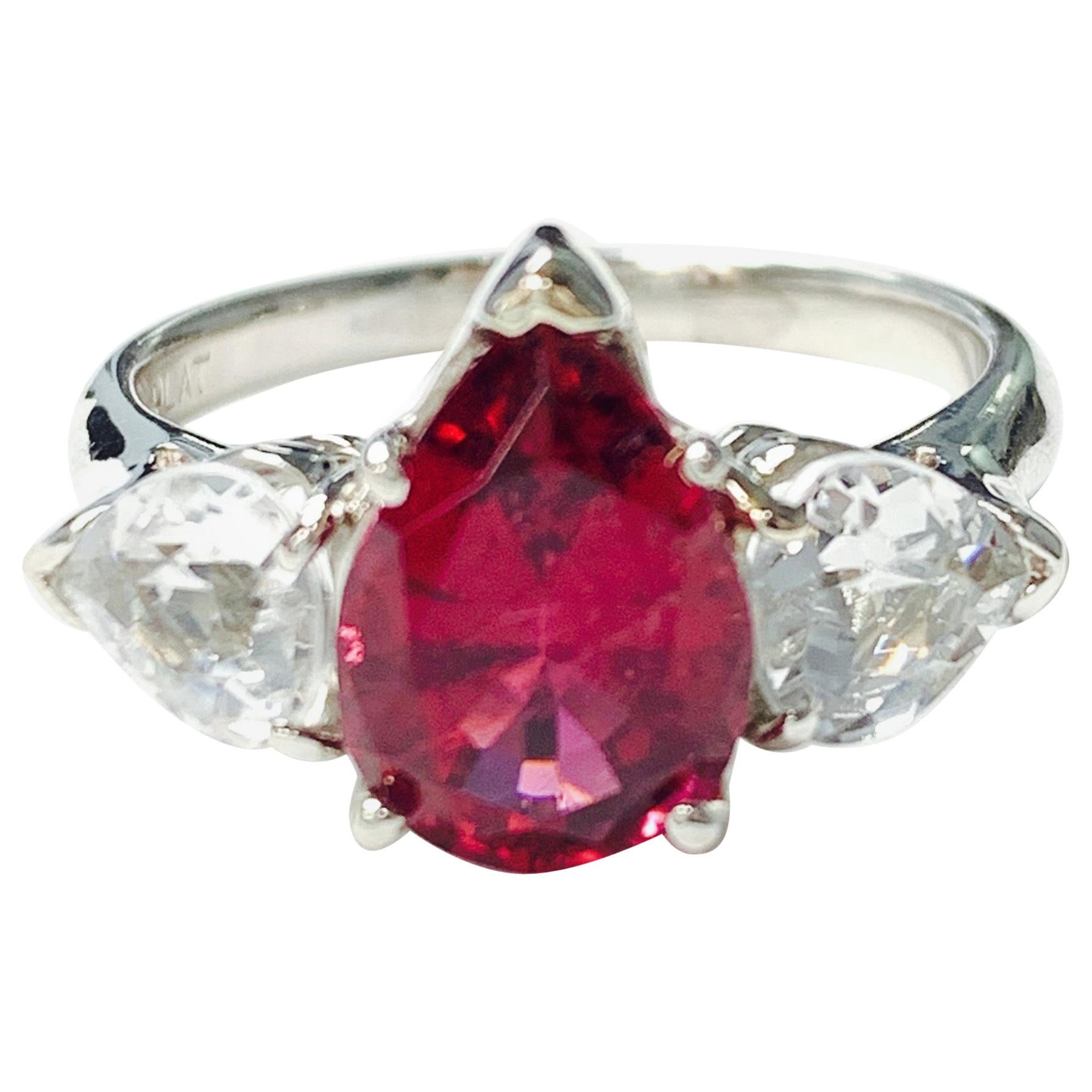 Red Tourmaline Pear Shape and White Sapphire Engagement Ring in Platinum