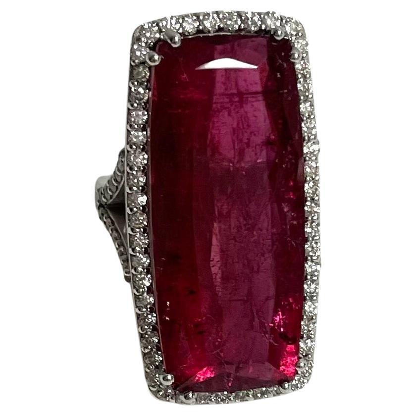 Emerald Cut Red Tourmaline Rubellite 25.5 Carats with Pave Diamonds Paradizia Ring For Sale