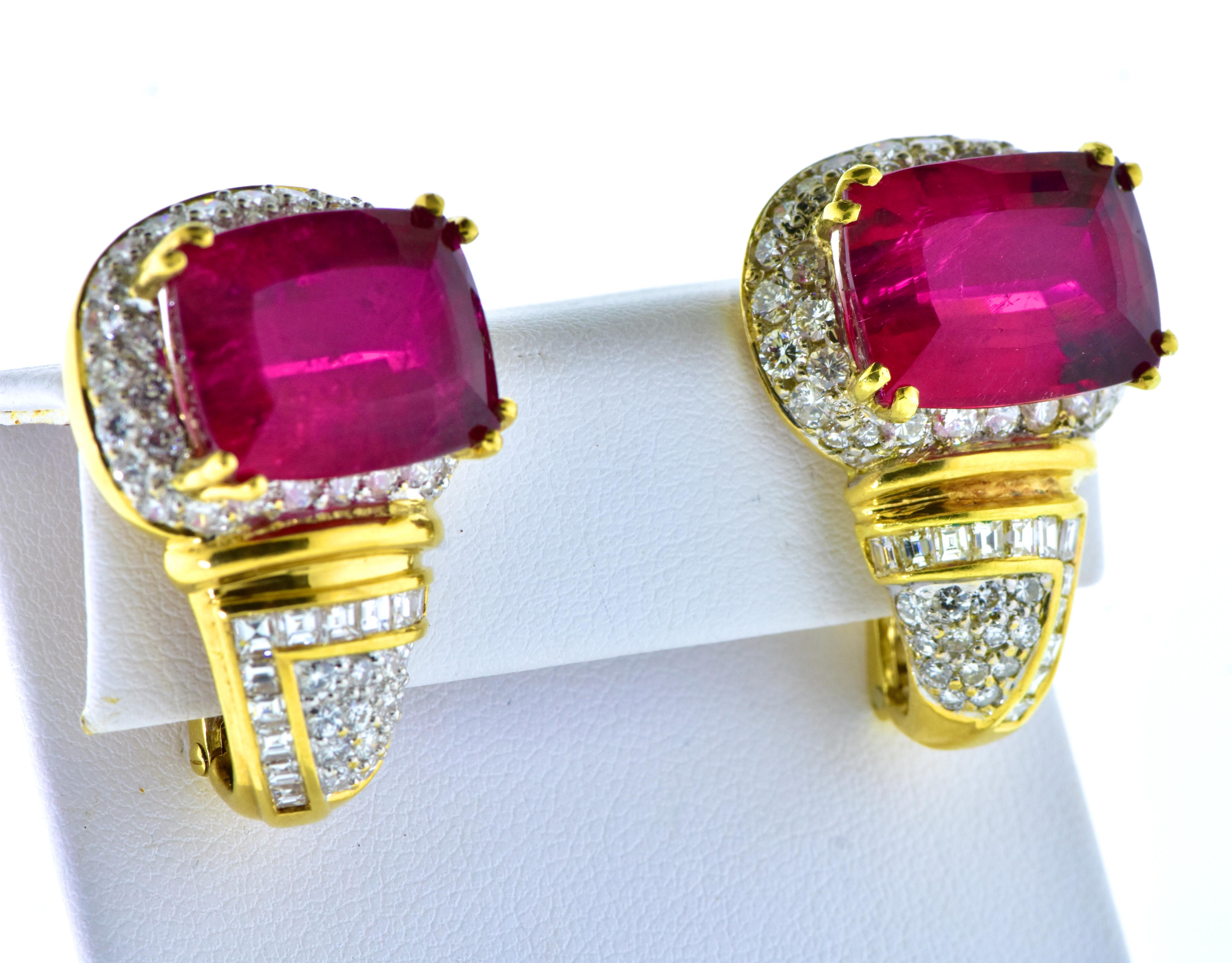 Cushion Cut Red Tourmaline weighing 26 Cts. with fine Diamonds, 5 cts., in 18k Fine Earrings For Sale