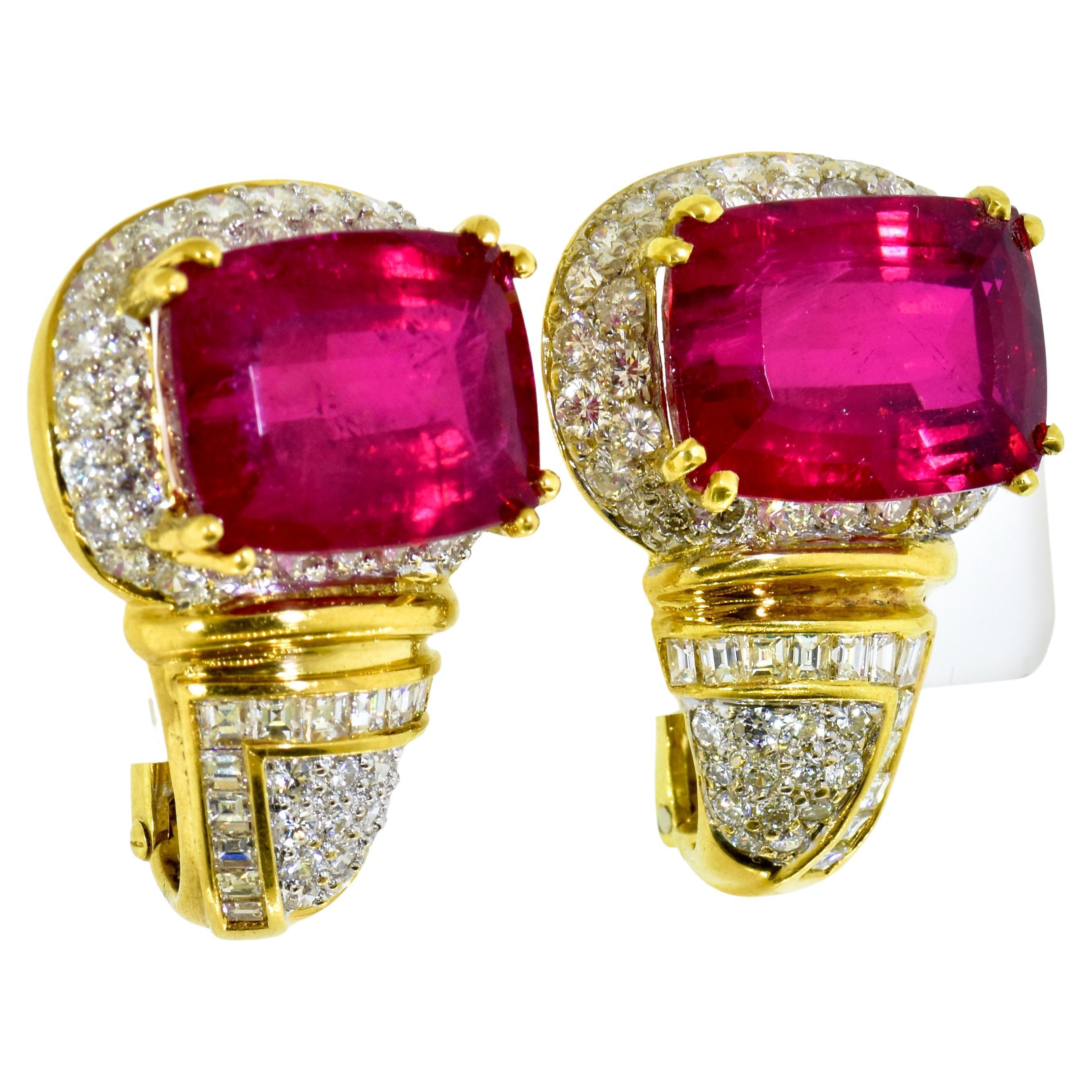 Women's Red Tourmaline weighing 26 Cts. with fine Diamonds, 5 cts., in 18k Fine Earrings For Sale