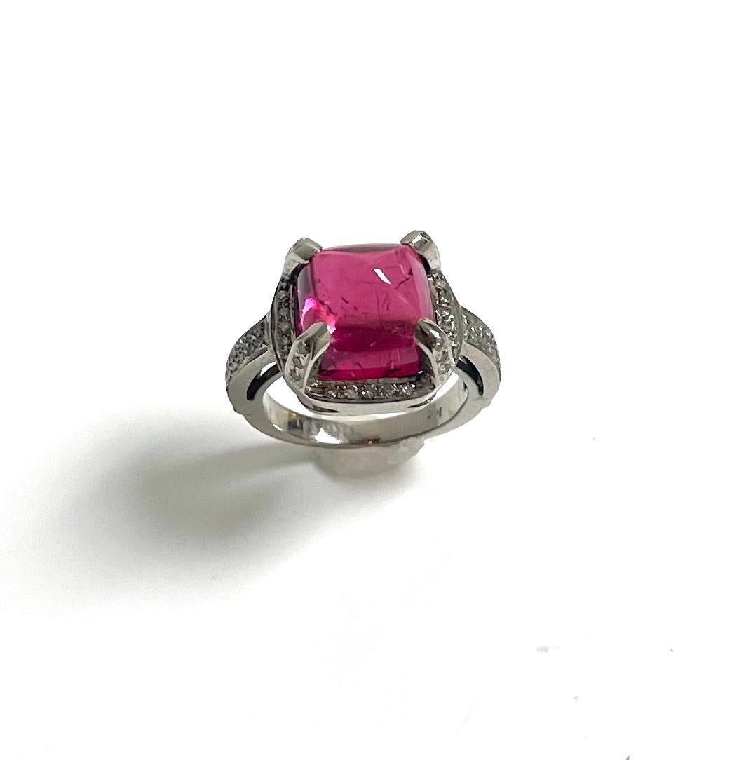 Sugarloaf Cabochon Red Tourmaline with Pave Diamonds Paradizia Ring For Sale