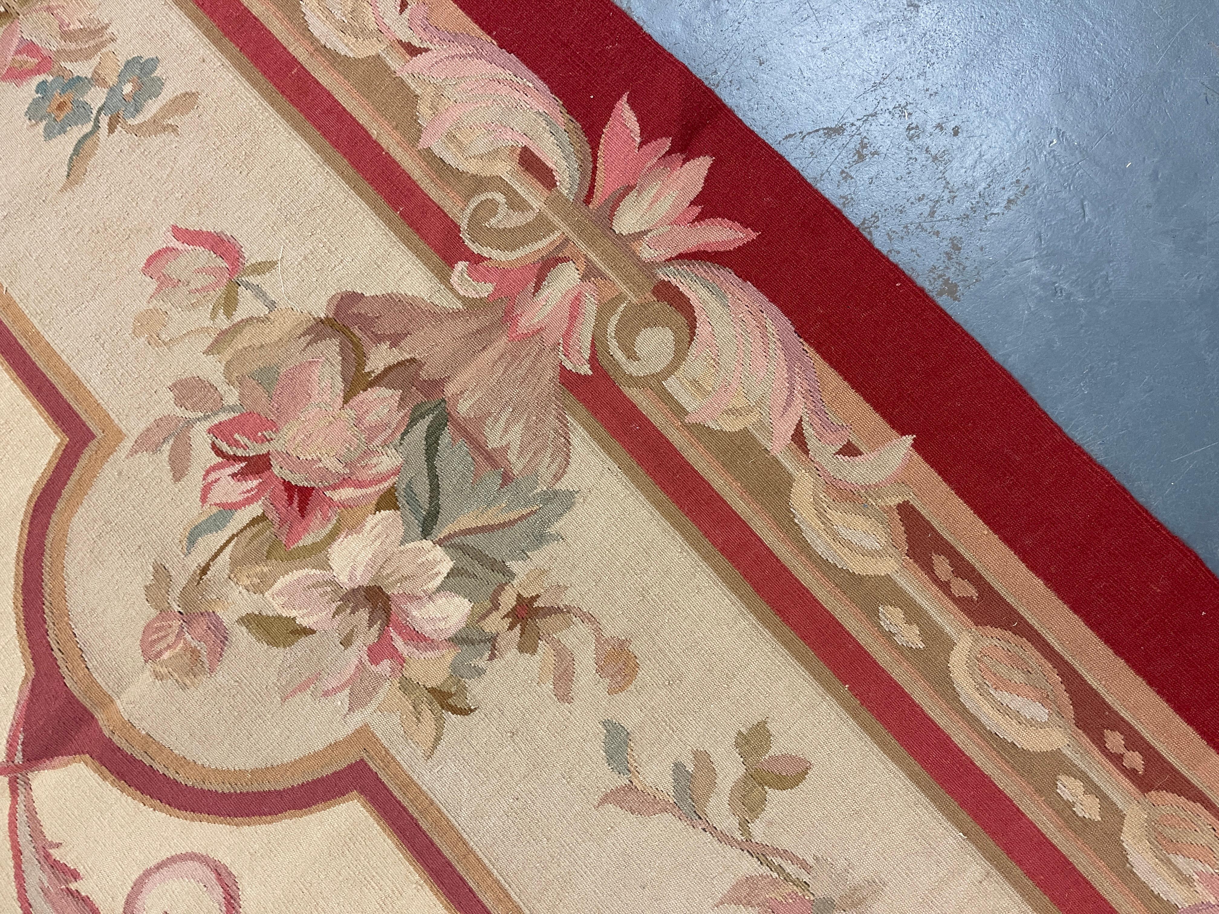 Alfombra Aubusson Tradicional Roja Alfombra Tejida a Mano Alfombra Floral Lana Salón Teñido con vegetales en venta