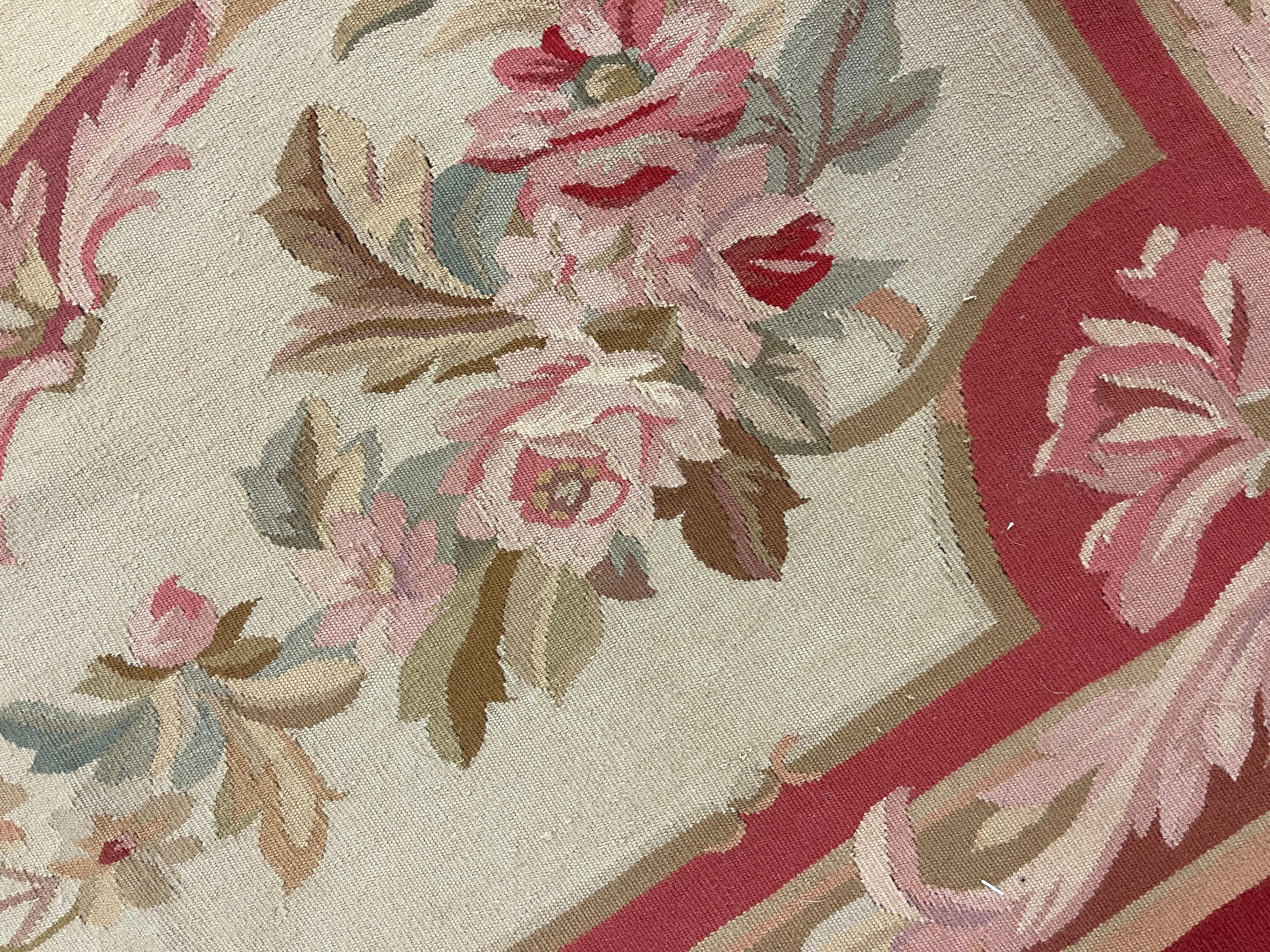 Late 20th Century Red Traditional Aubusson Rug Handwoven Carpet Floral Wool Livingroom Rug  For Sale