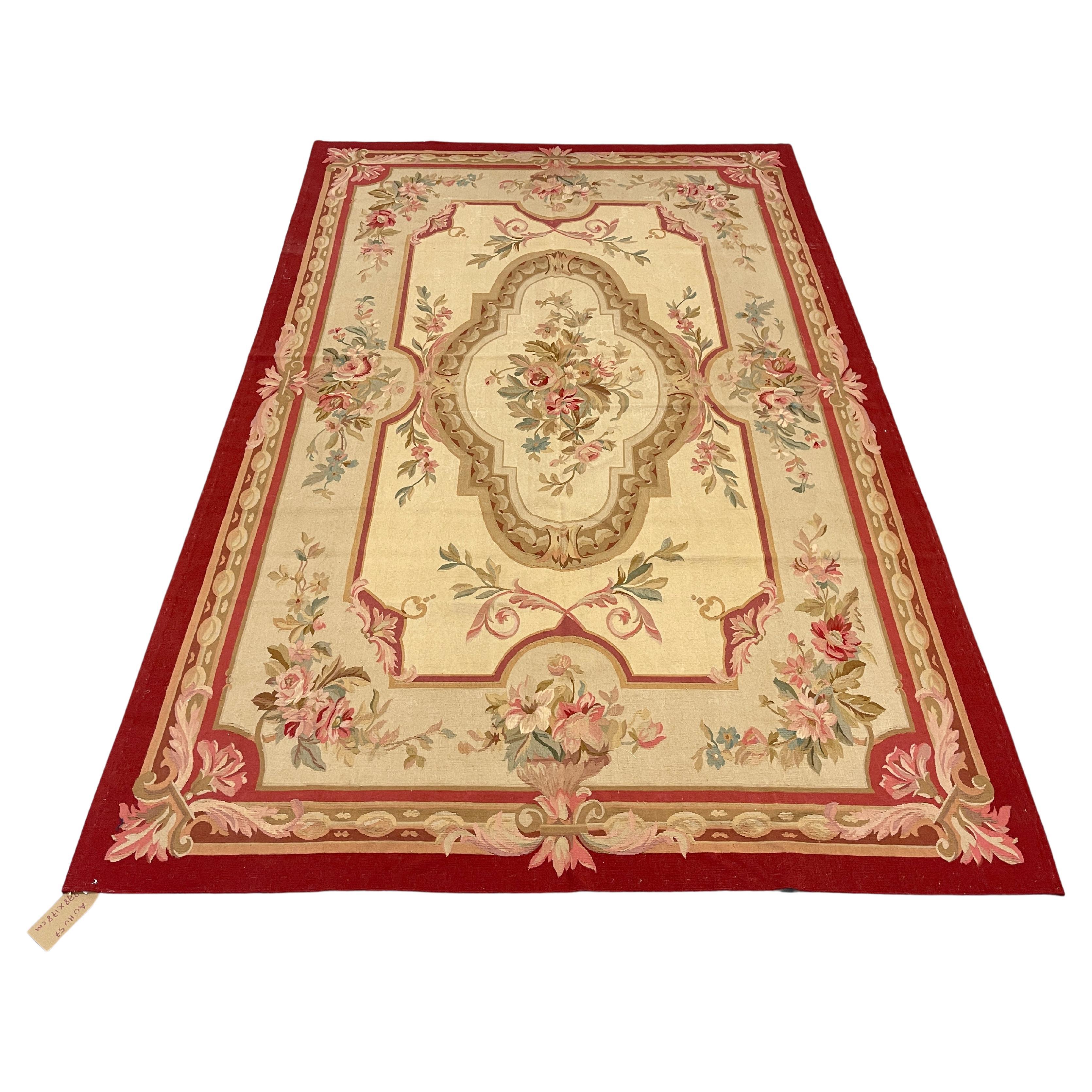 Tapis traditionnel rouge d'Aubusson tissé à la main, tapis de salon à fleurs en laine 