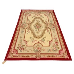 Vintage Red Traditional Aubusson Rug Handwoven Carpet Floral Wool Livingroom Rug 