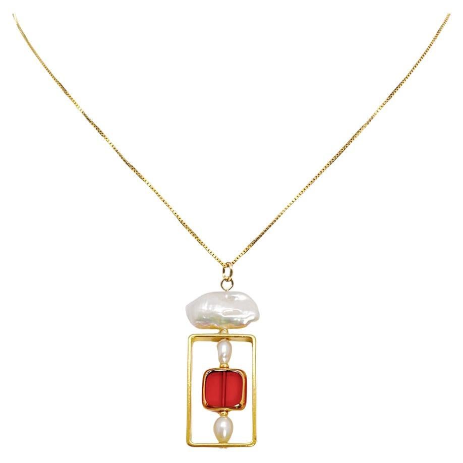 Red Translucent Square x Pearl Geometric Chain Necklace For Sale