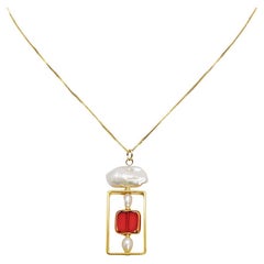 Red Translucent Square x Pearl Geometric Chain Necklace