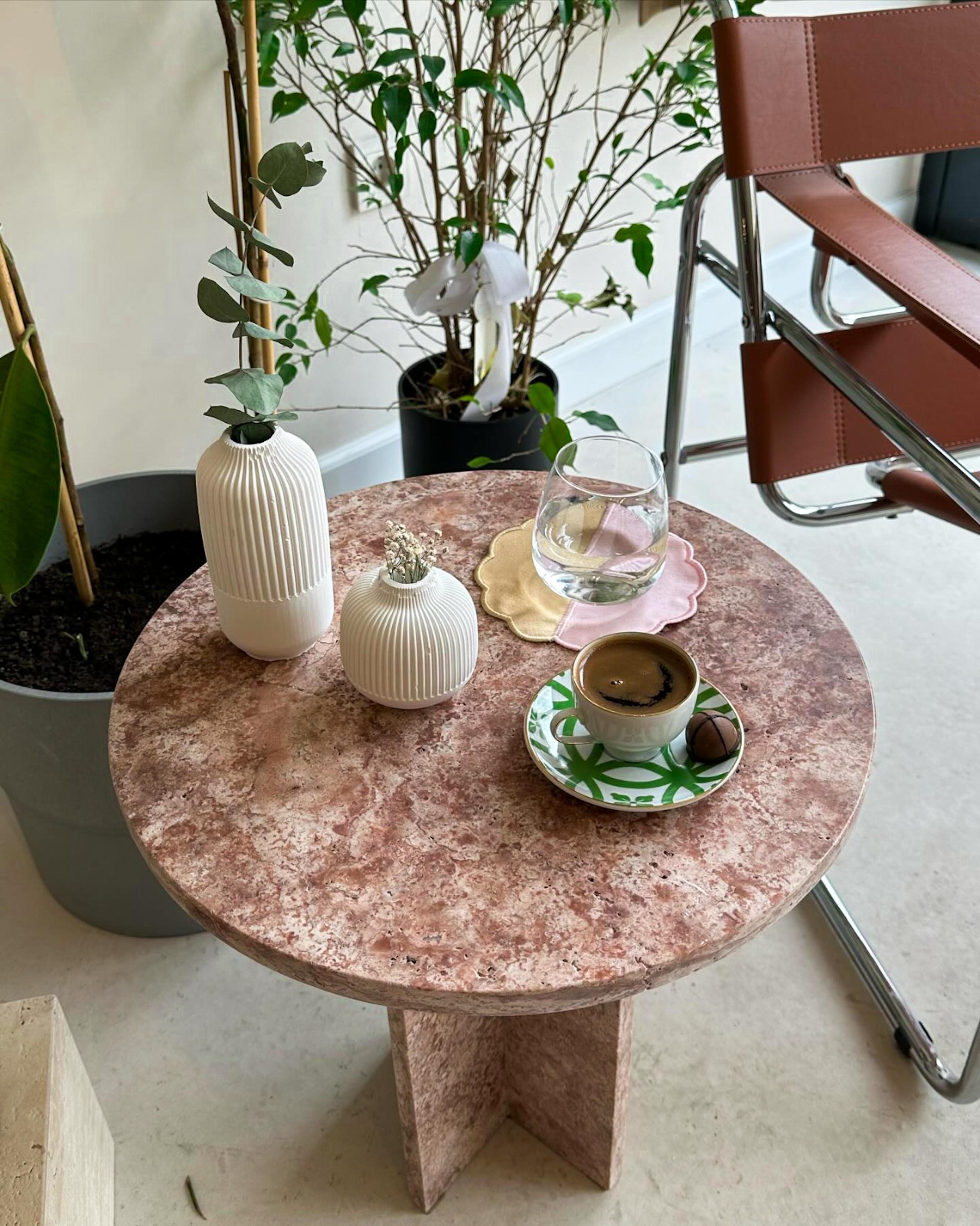 Arts and Crafts Red Travertine Coffee Table - Red Marble Side Table - Marble End Table For Sale