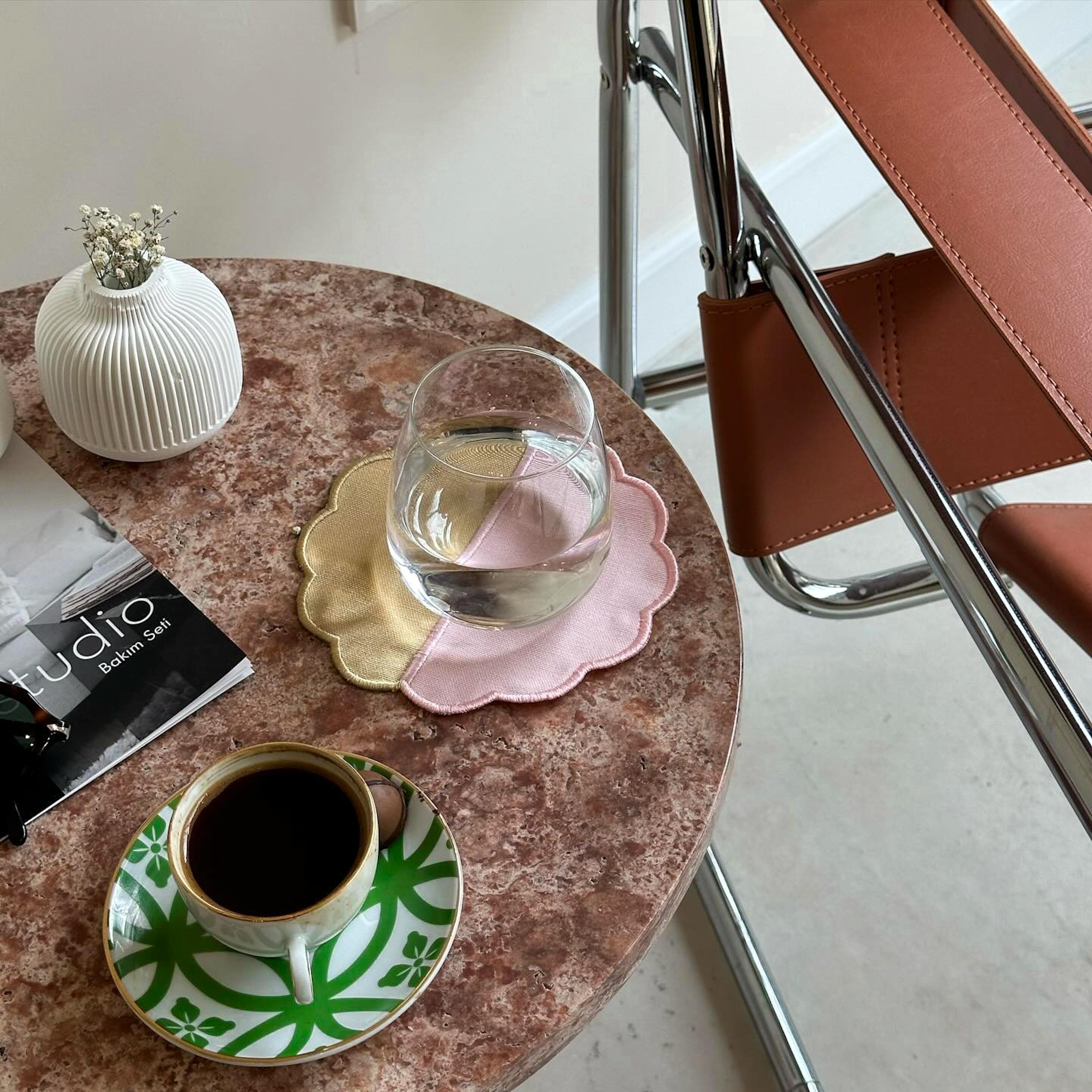Other Red Travertine Coffee Table - Red Marble Side Table - Marble End Table For Sale