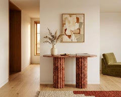 Red Travertine Fluted Base Console Table - Custom Red Stone Entryway Table