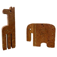 Vintage Red Travertine Giraffe and Elephant Bookends 