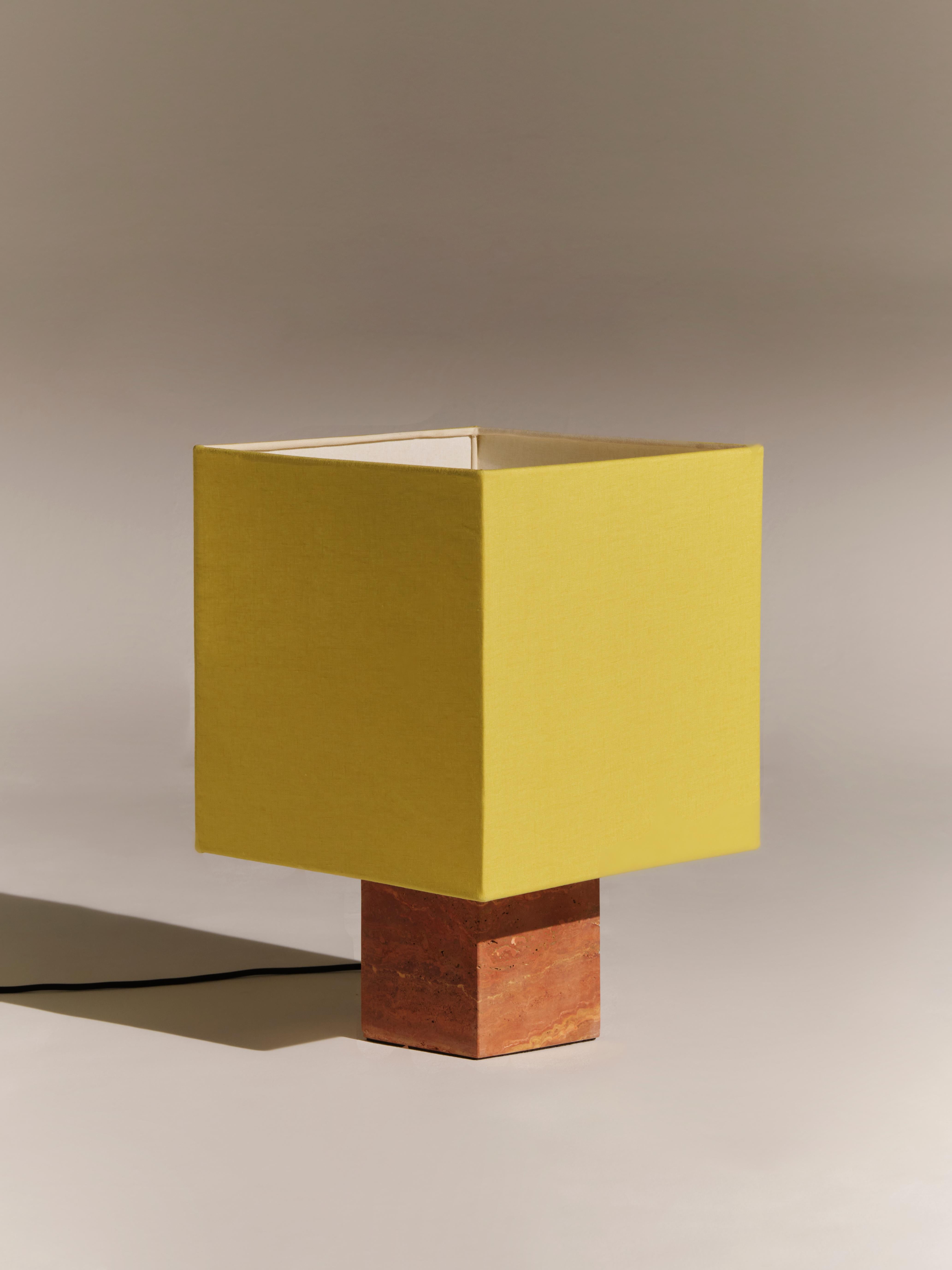Red Travertine Medium Roma 1 Square Table Lamp by NASSI
Dimensions: W 35 x D 35 x H 52 cm. 
Materials: Fine cotton lining, pure linen fabric in Yellow. 
Base: Red Travertine, nickel plated brass. 
Weight: 11 kg

Also available in 4 colors (white,