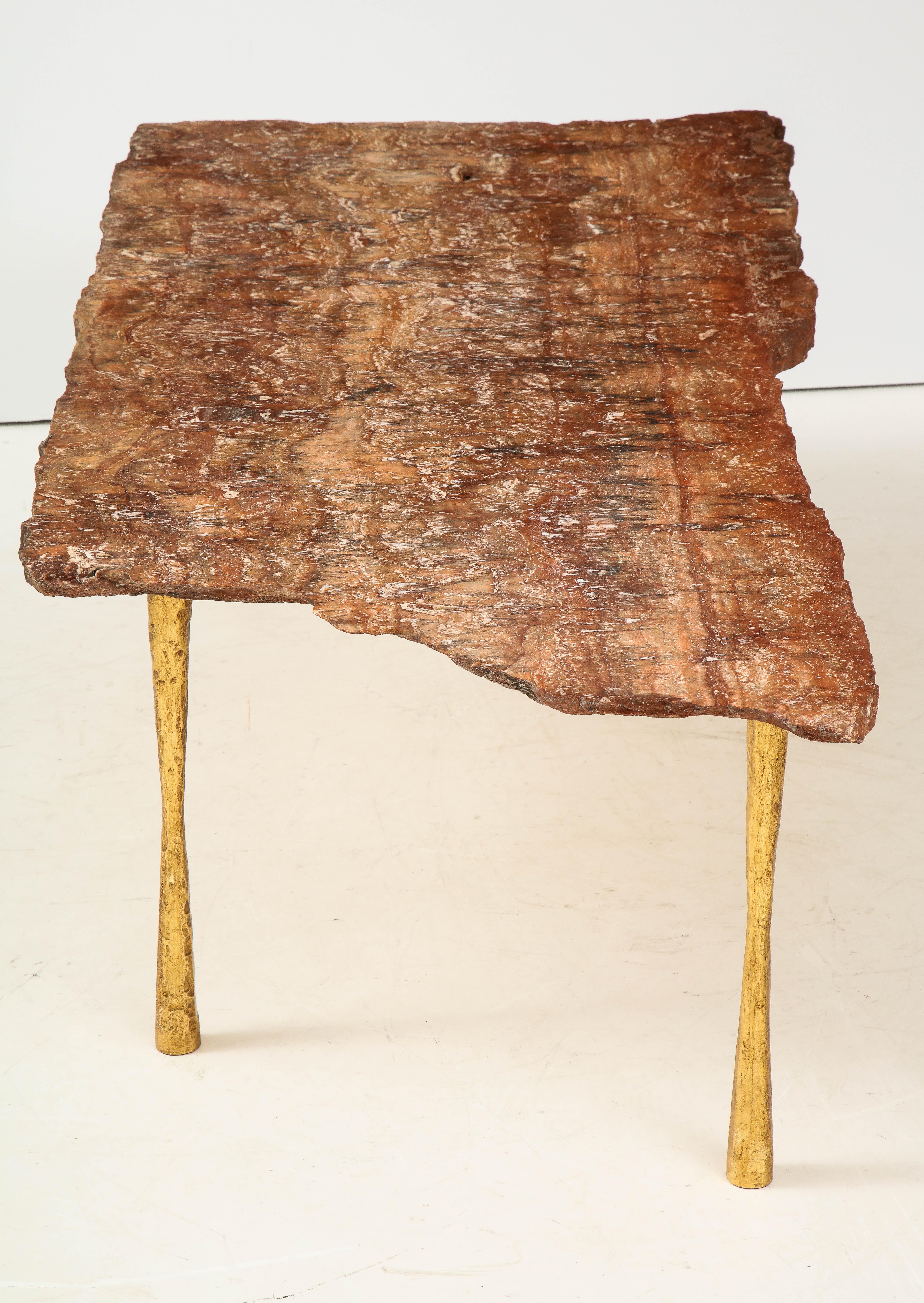 Red Brown Travertine Natural Edge Slab Stone and Gold Leaf Cocktail Table, Italy For Sale 5