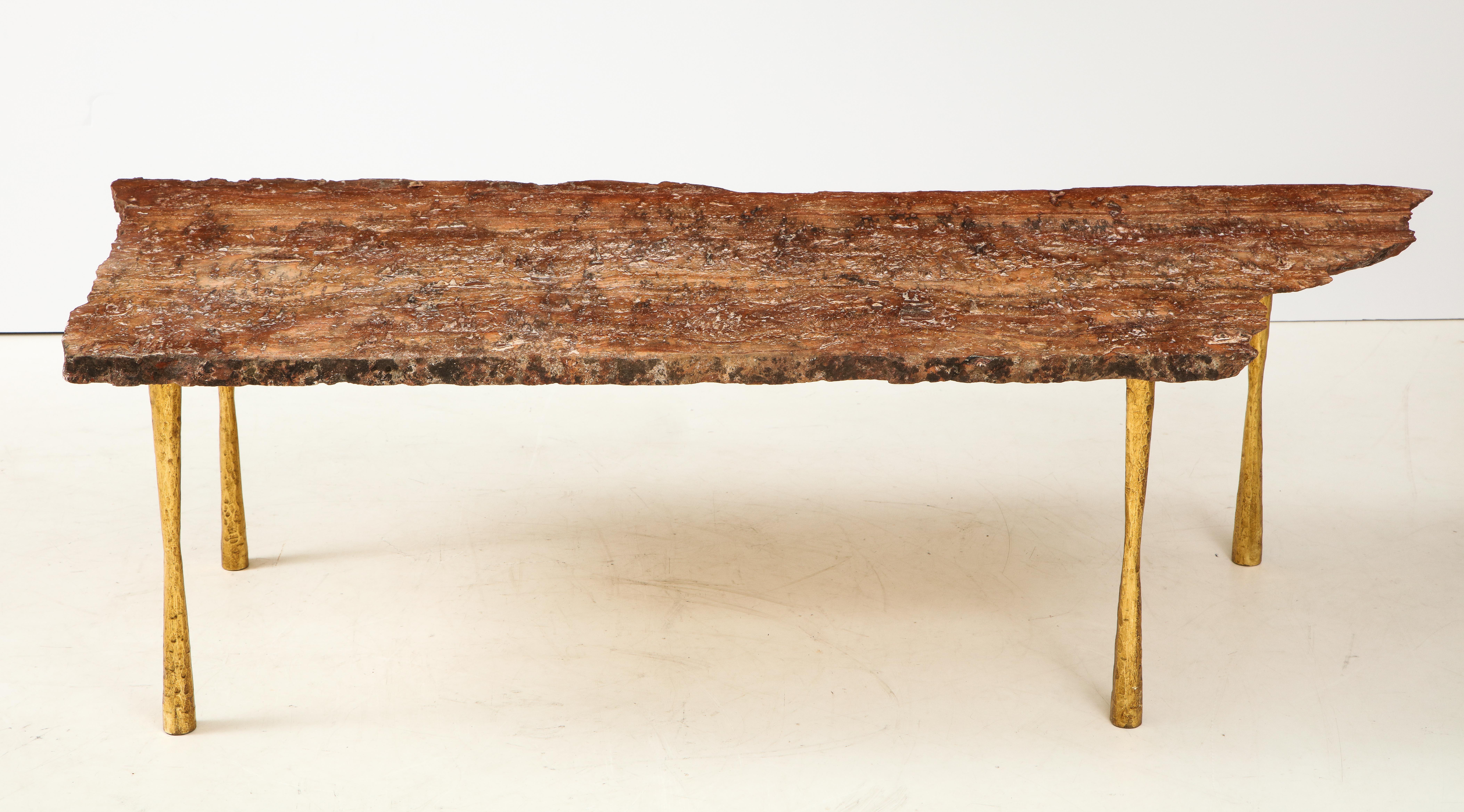 Red Brown Travertine Natural Edge Slab Stone and Gold Leaf Cocktail Table, Italy For Sale 6