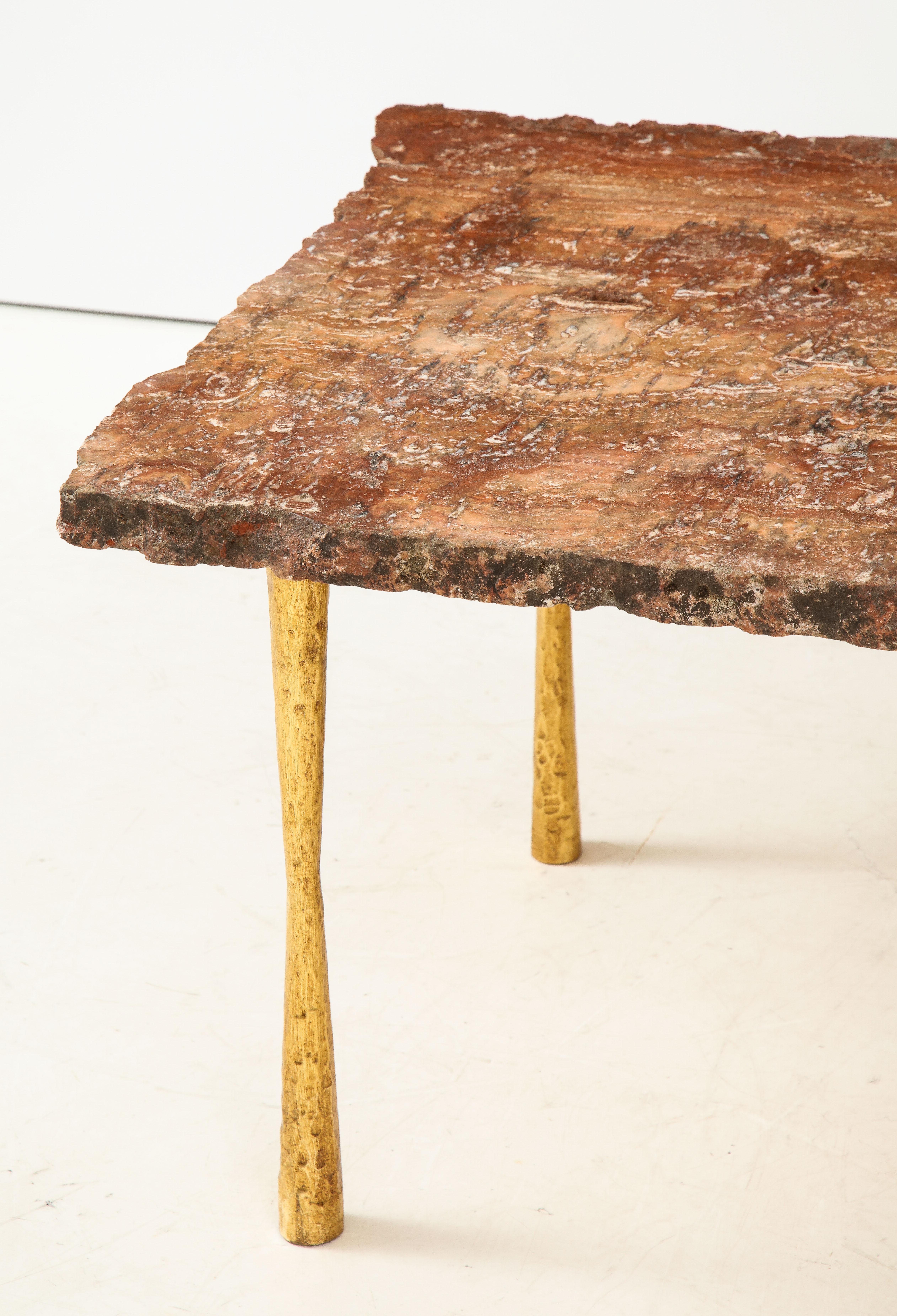 Red Brown Travertine Natural Edge Slab Stone and Gold Leaf Cocktail Table, Italy For Sale 7