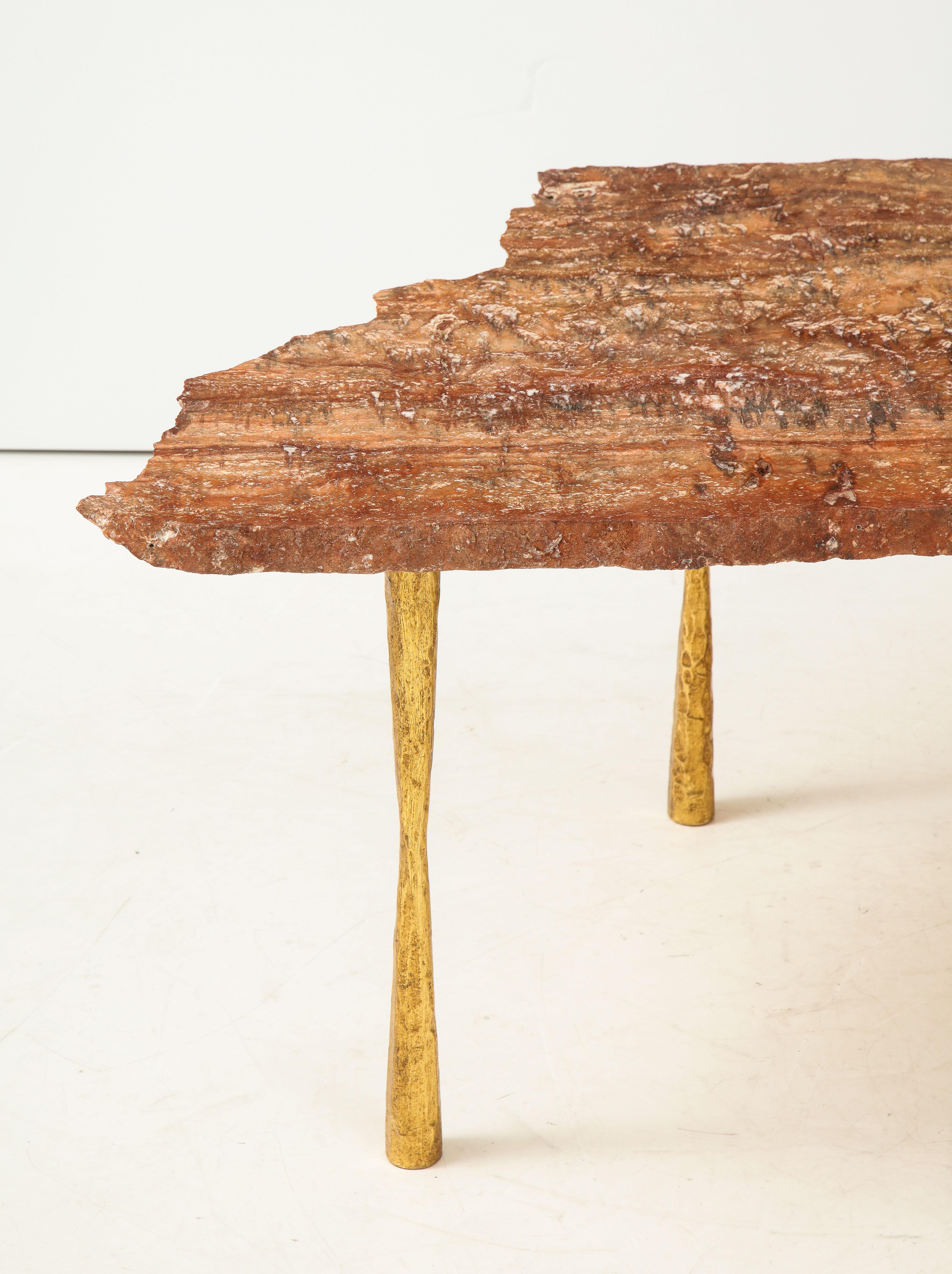 Italian Red Brown Travertine Natural Edge Slab Stone and Gold Leaf Cocktail Table, Italy For Sale