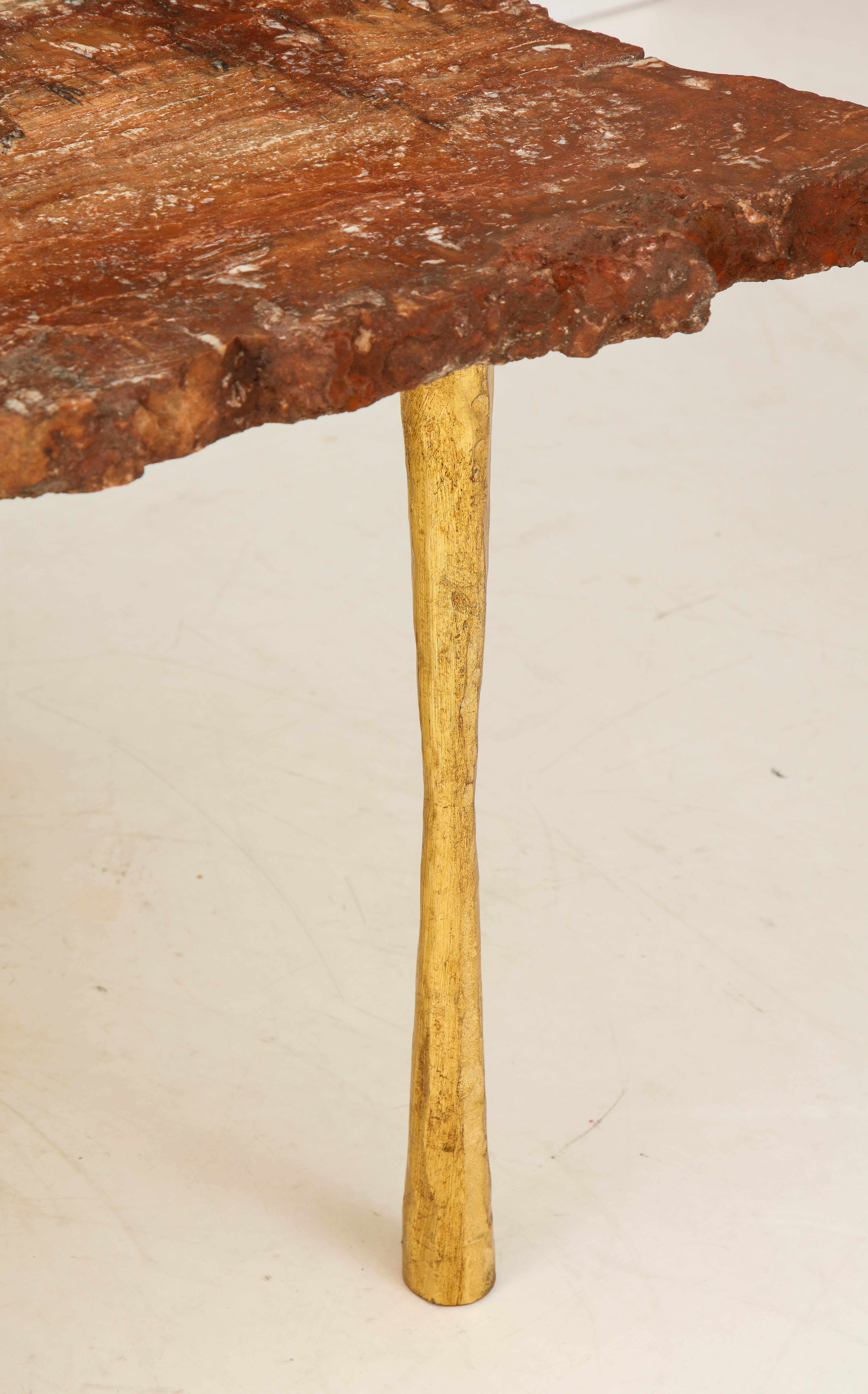 Contemporary Red Brown Travertine Natural Edge Slab Stone and Gold Leaf Cocktail Table, Italy For Sale